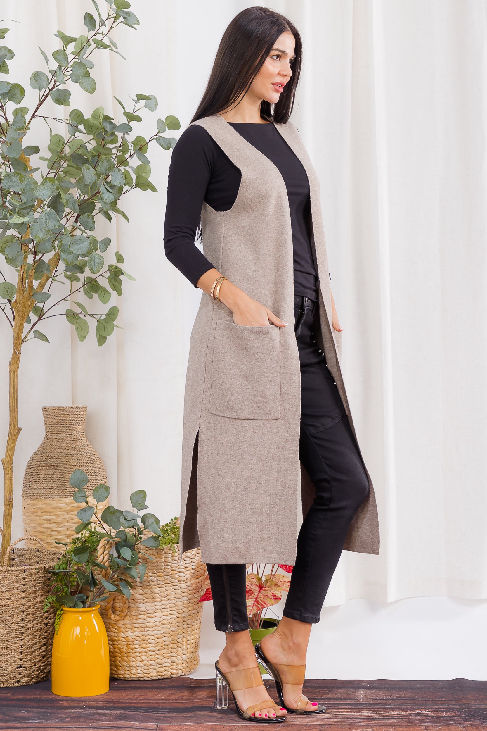 407-2 Open-Front Longline Sleeveless Cardigan