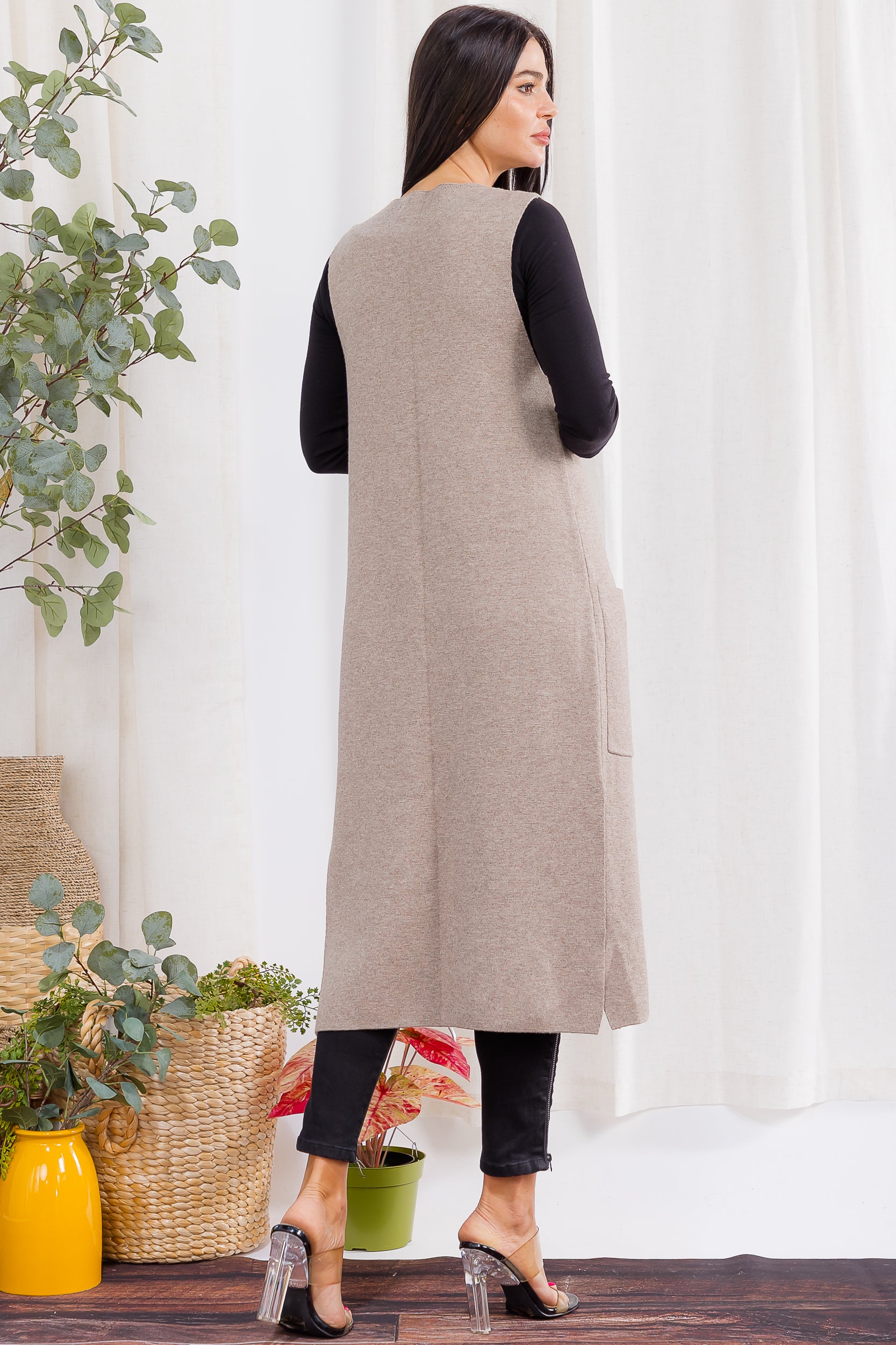 407-2 Open-Front Longline Sleeveless Cardigan