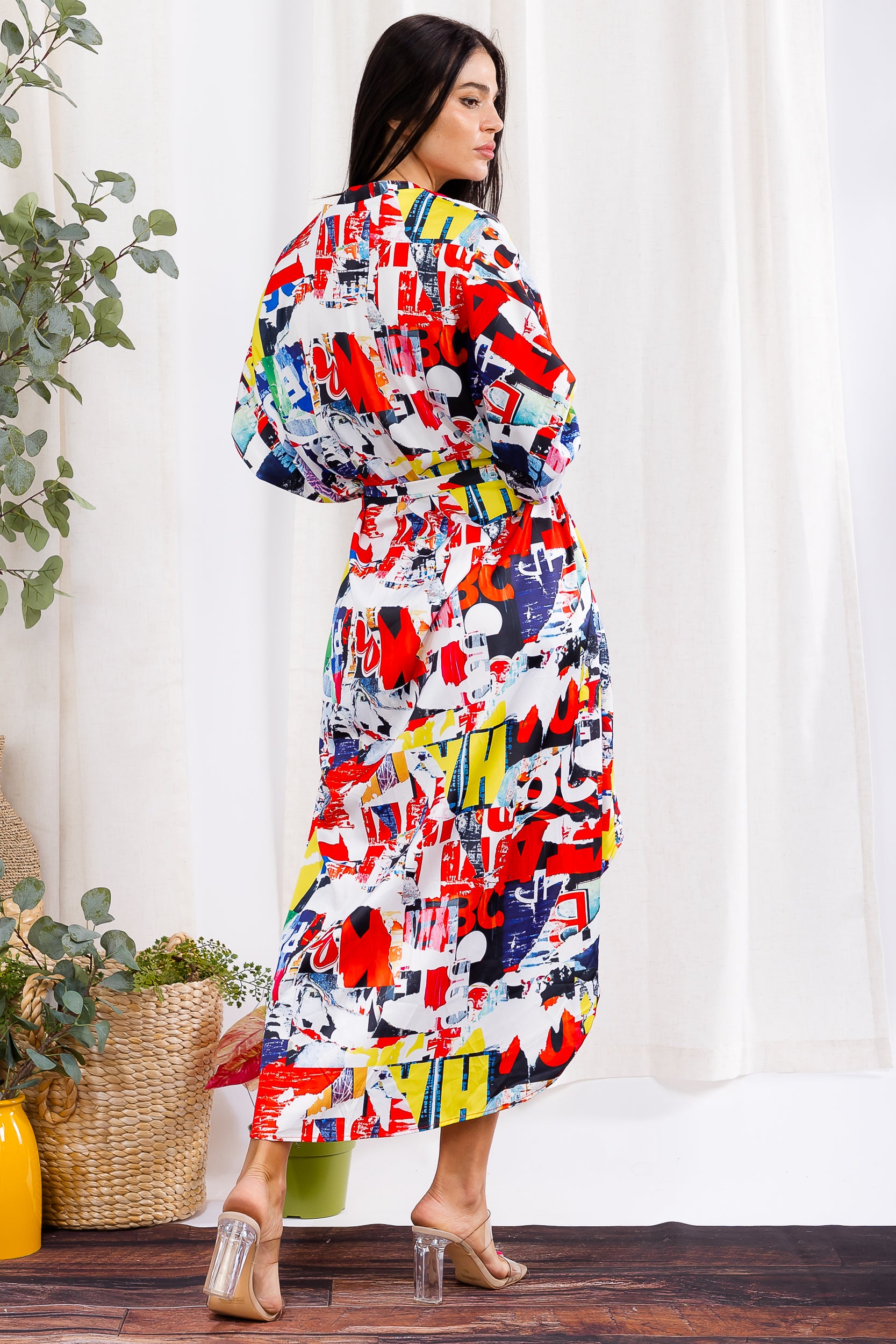 H005X-P1 Plus Size High-Low Printed Shirt Dress Self Belt