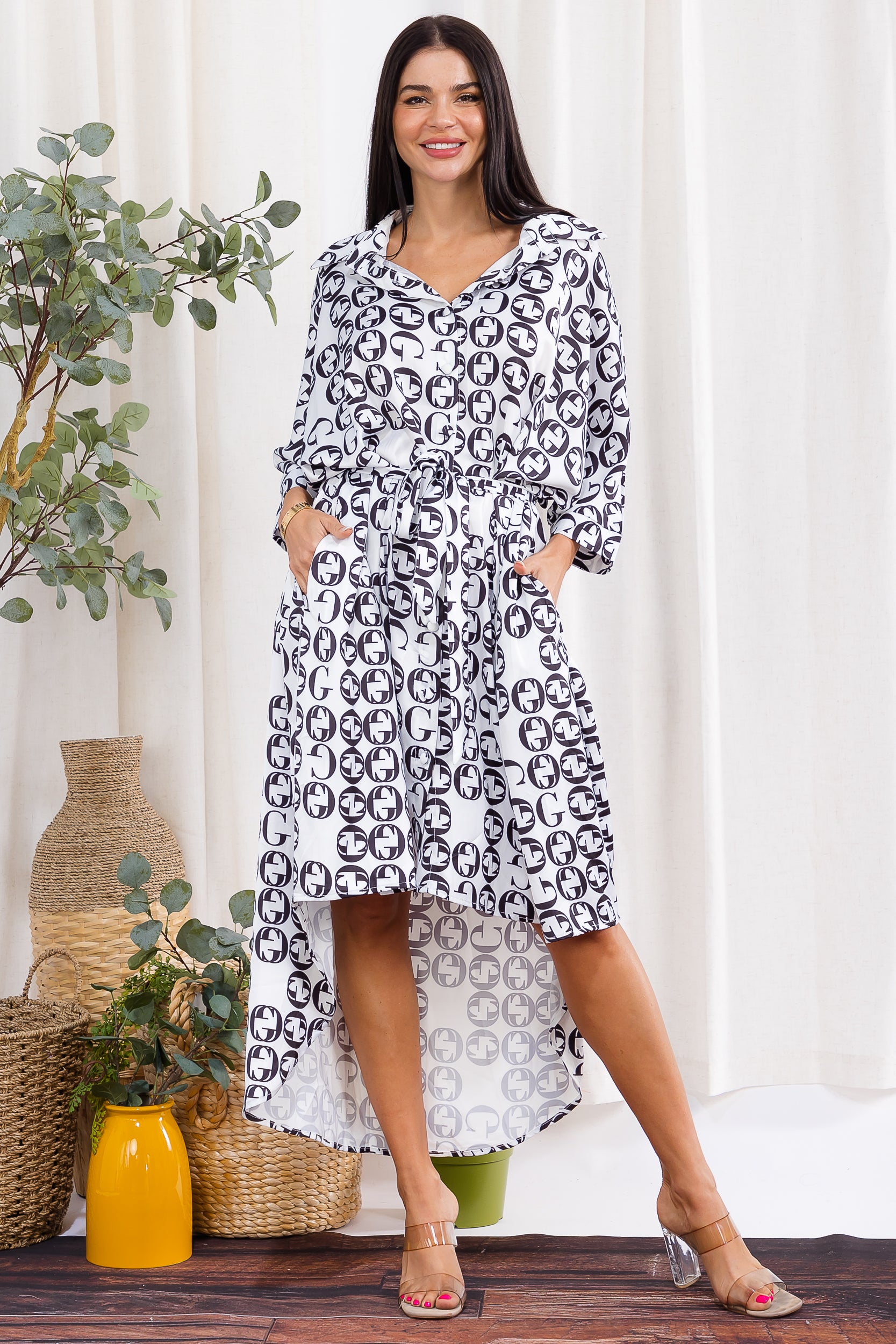 H005R-P2 Monogram Print High-Low Shirt Dress