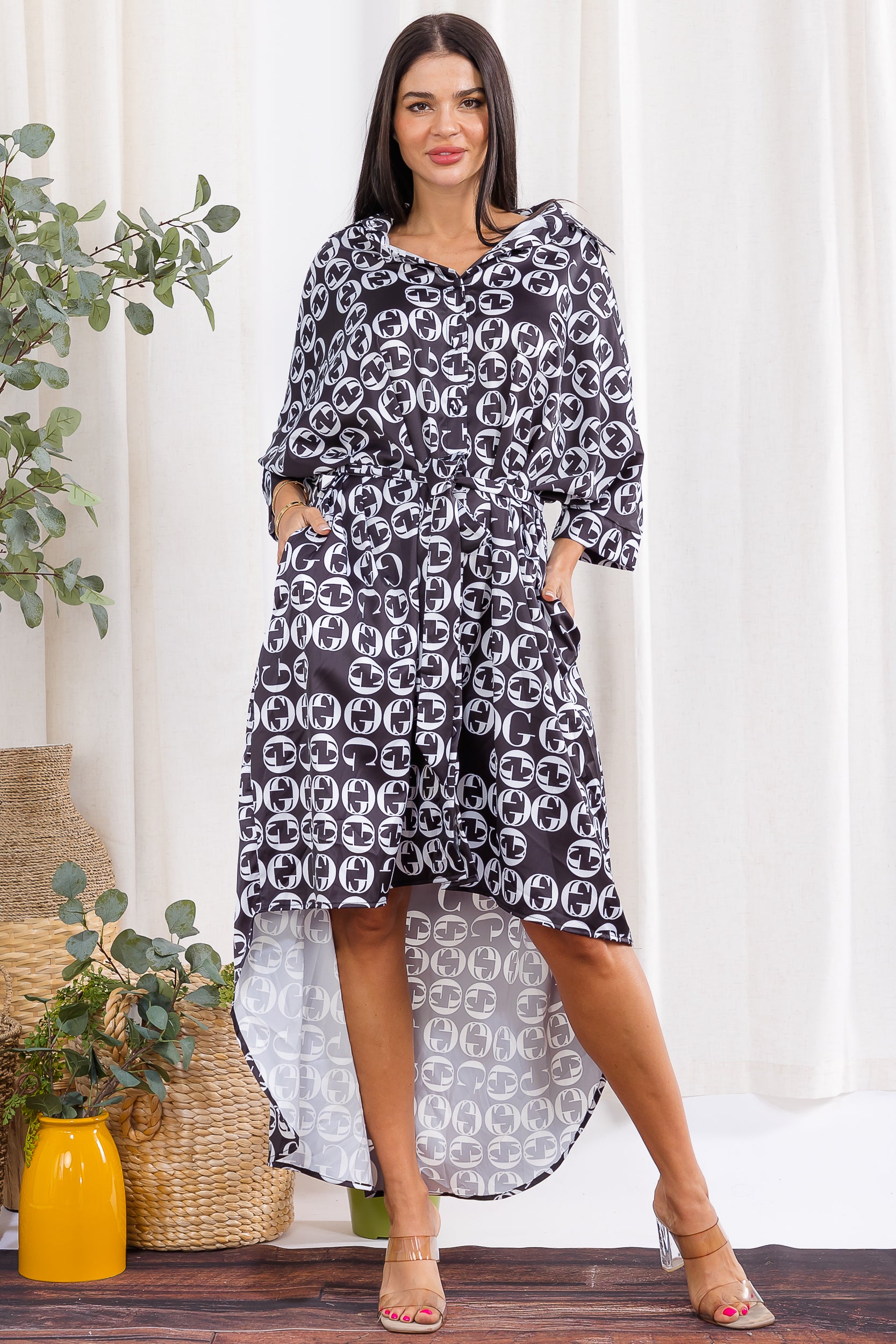 H005X-P2 Plus Size Monogram Print High-Low Shirt Dress