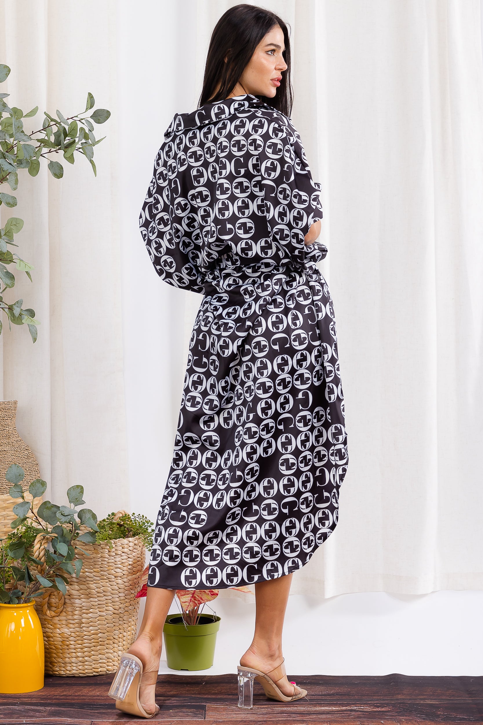 H005R-P2 Monogram Print High-Low Shirt Dress