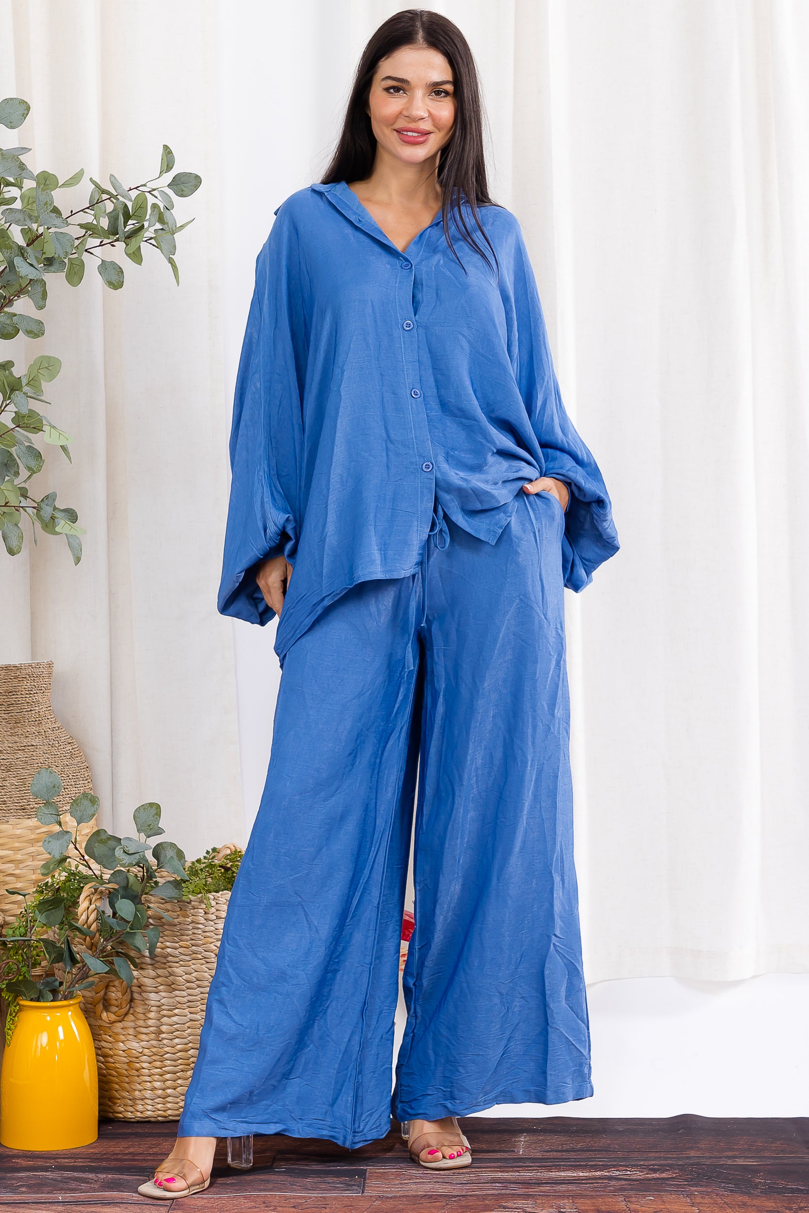 H002R-DENIM Relaxed Wide-Leg Shirt & Pant Set
