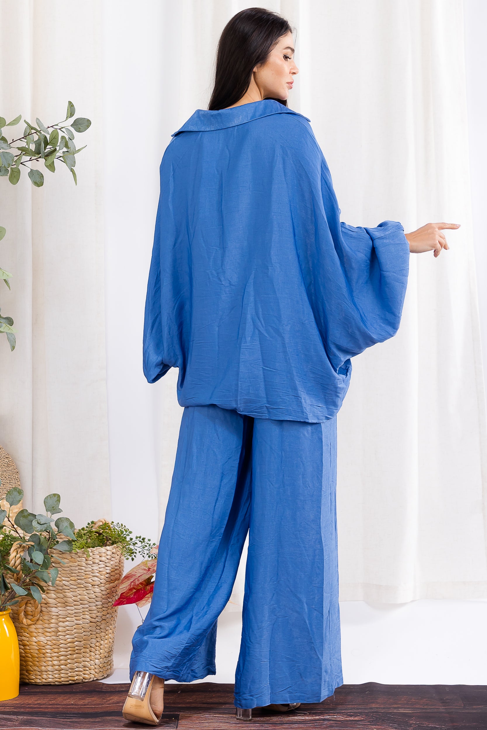 H002X-DENIM Plus Size Relaxed Wide-Leg Shirt & Pant Set