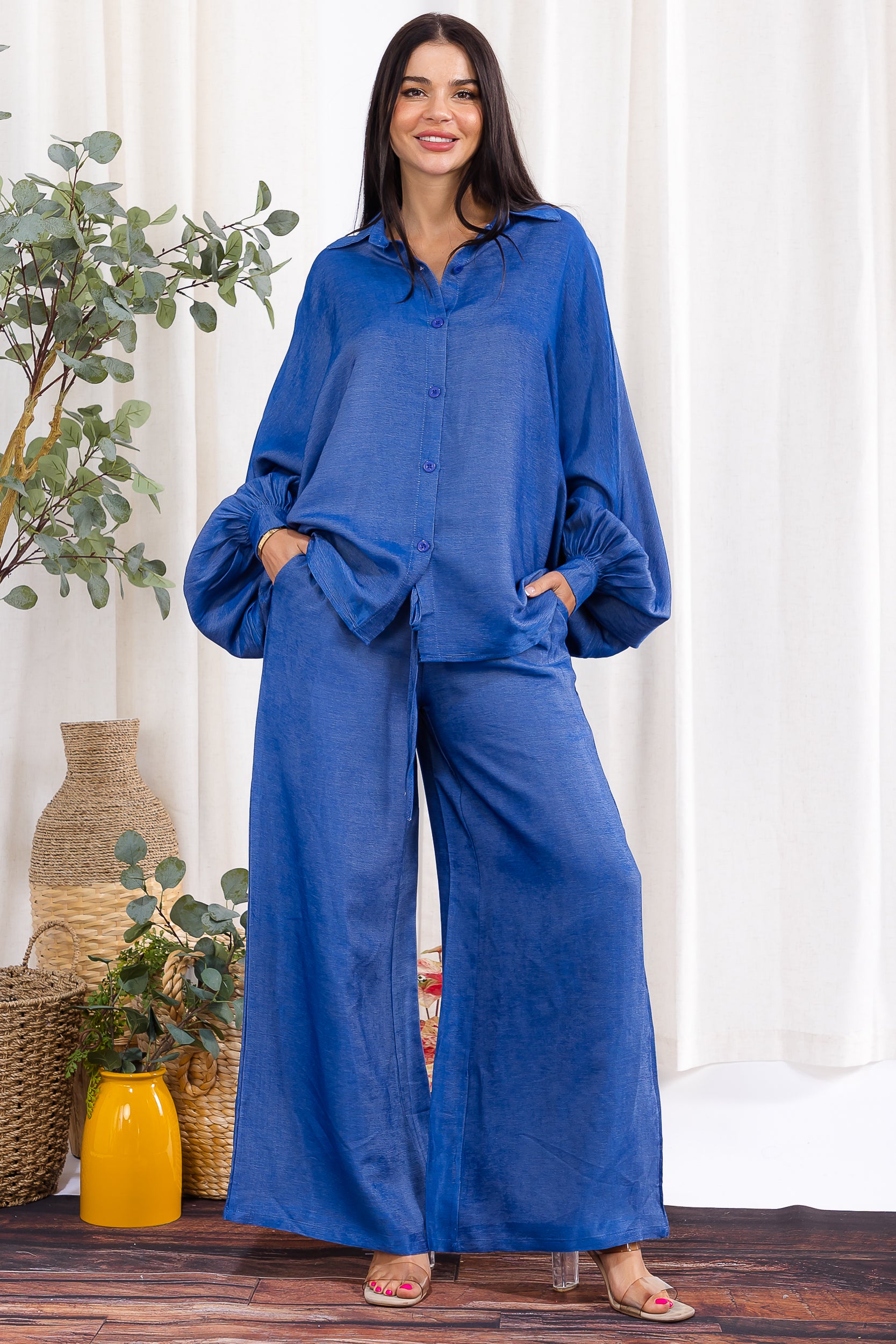 H002R-DENIM Relaxed Wide-Leg Shirt & Pant Set