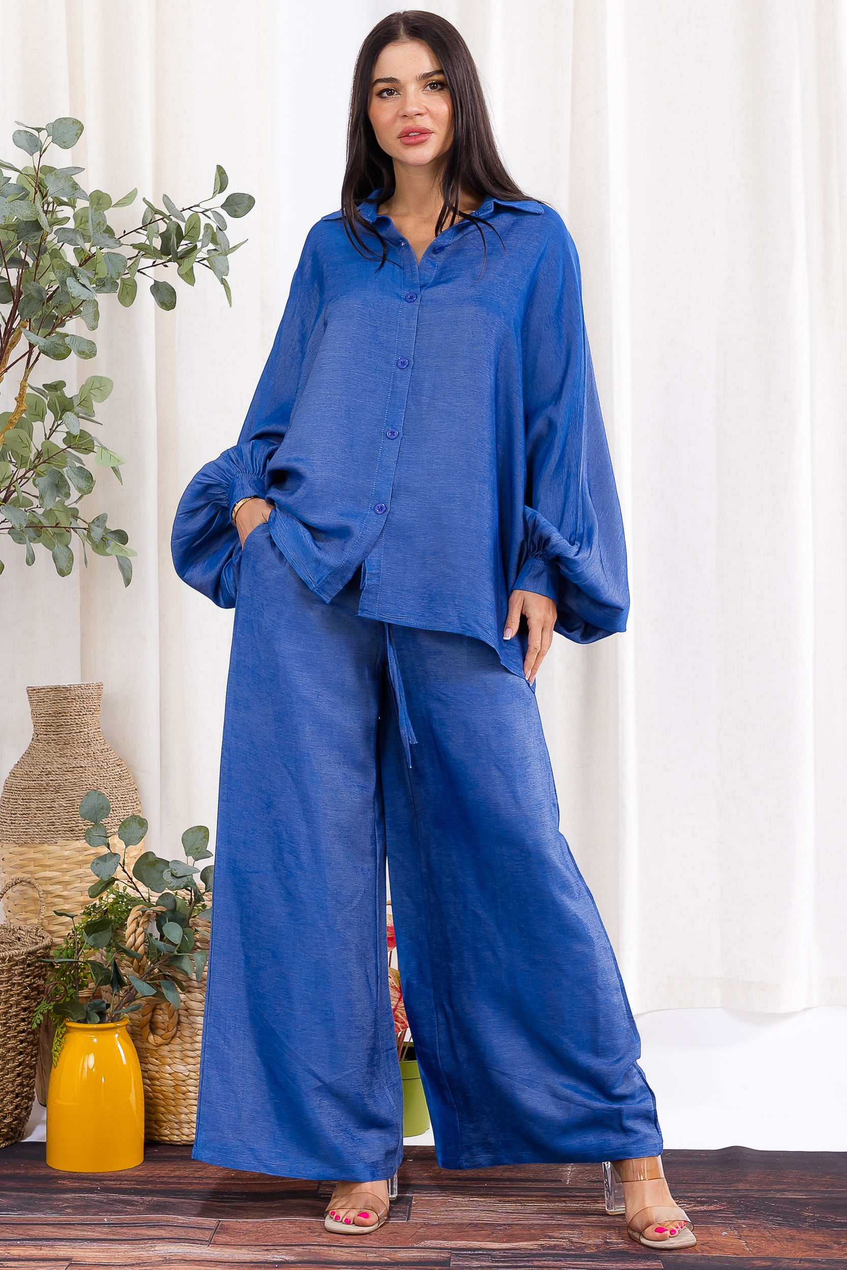 H002R-DENIM Relaxed Wide-Leg Shirt & Pant Set