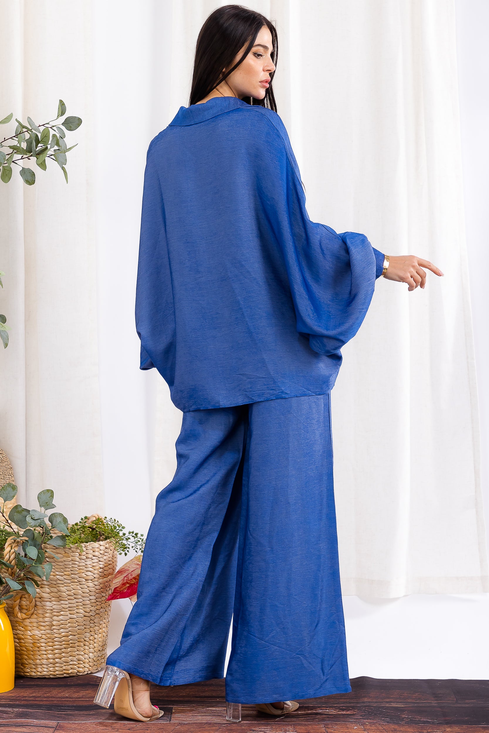 H002R-DENIM Relaxed Wide-Leg Shirt & Pant Set