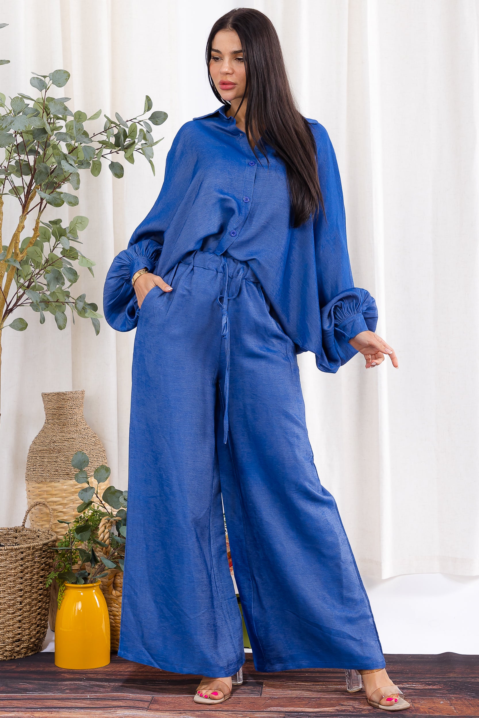 H002R-DENIM Relaxed Wide-Leg Shirt & Pant Set