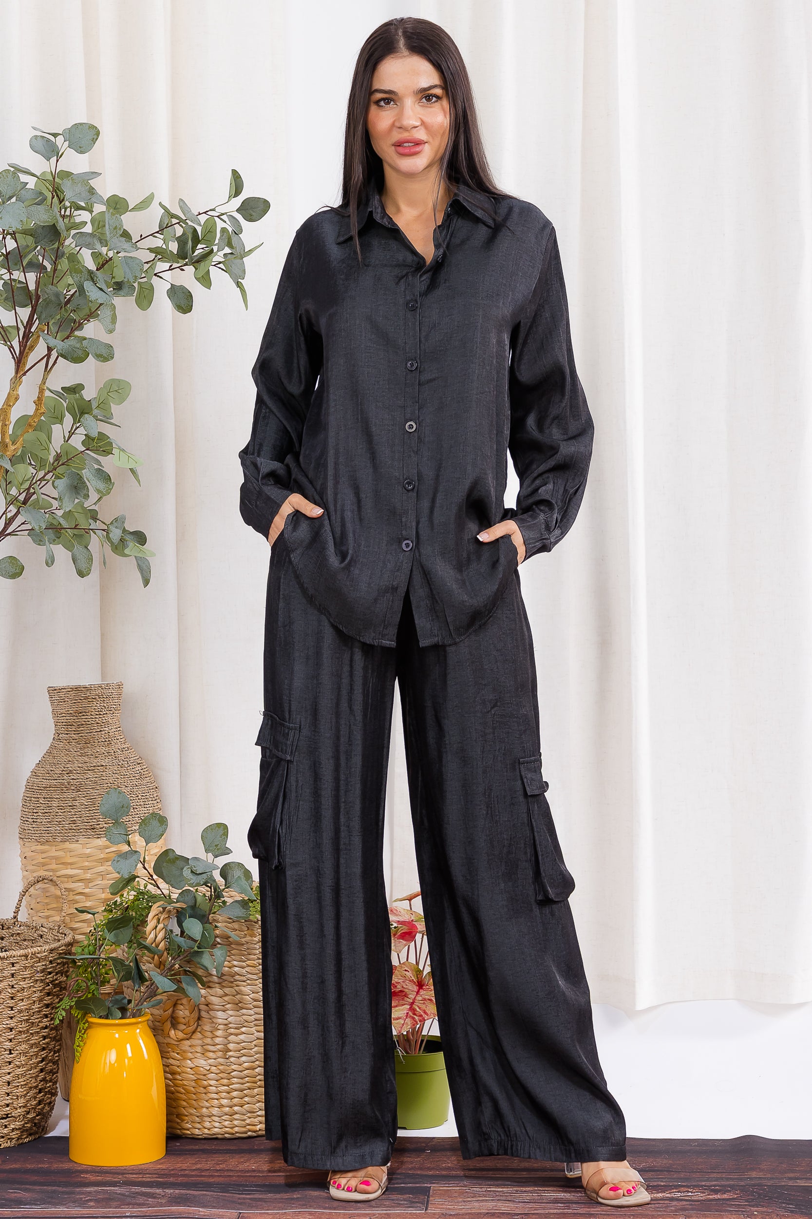 H001R-S Relaxed Cargo Shirt & Wide-Leg Pants Set