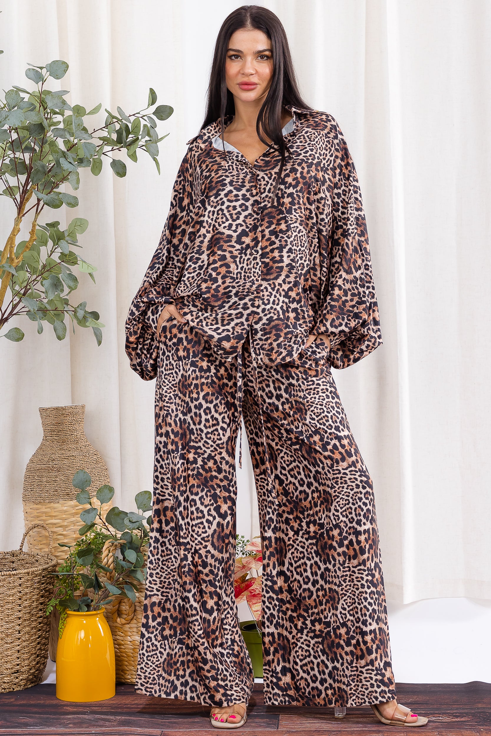 H002R-P3 Leopard Print Relaxed Shirt & Wide-Leg Pants Set