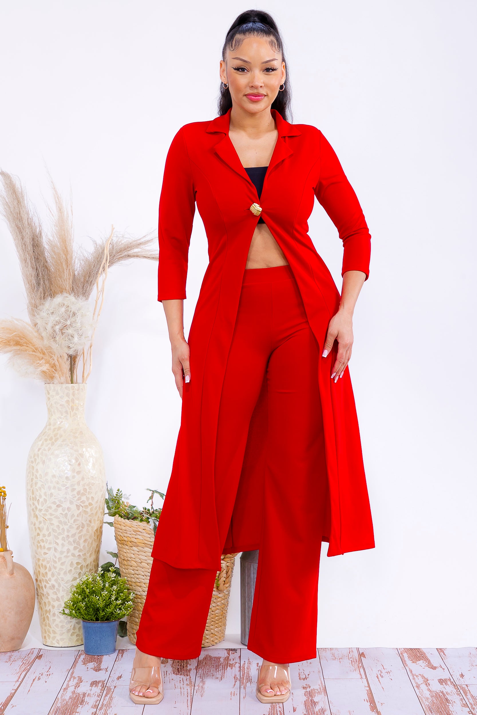 HH785R-S Elegant Longline Blazer & Wide-Leg Pants Set