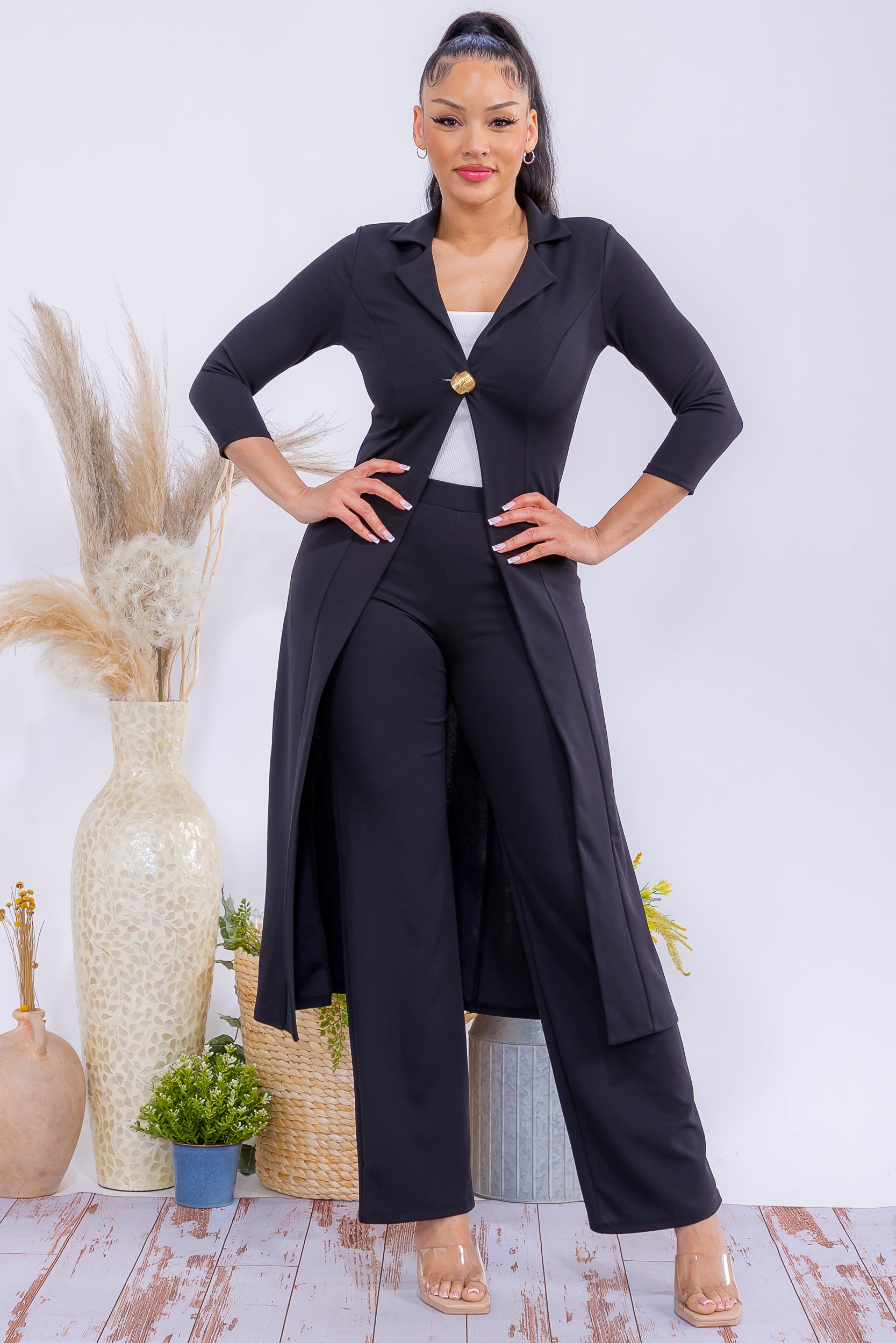 HH785R-S Elegant Longline Blazer & Wide-Leg Pants Set