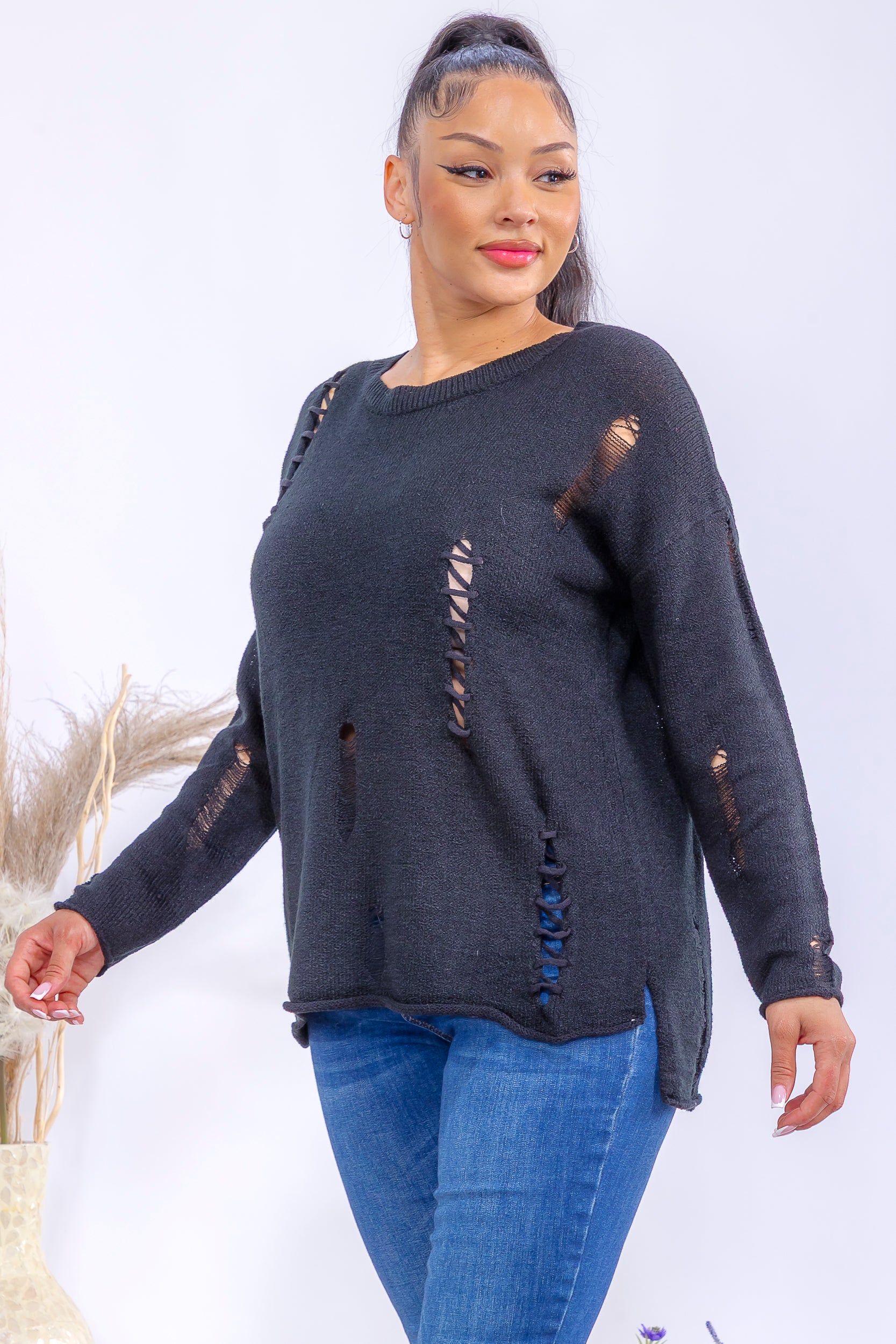 FM301 Distressed Knit Pullover Sweater