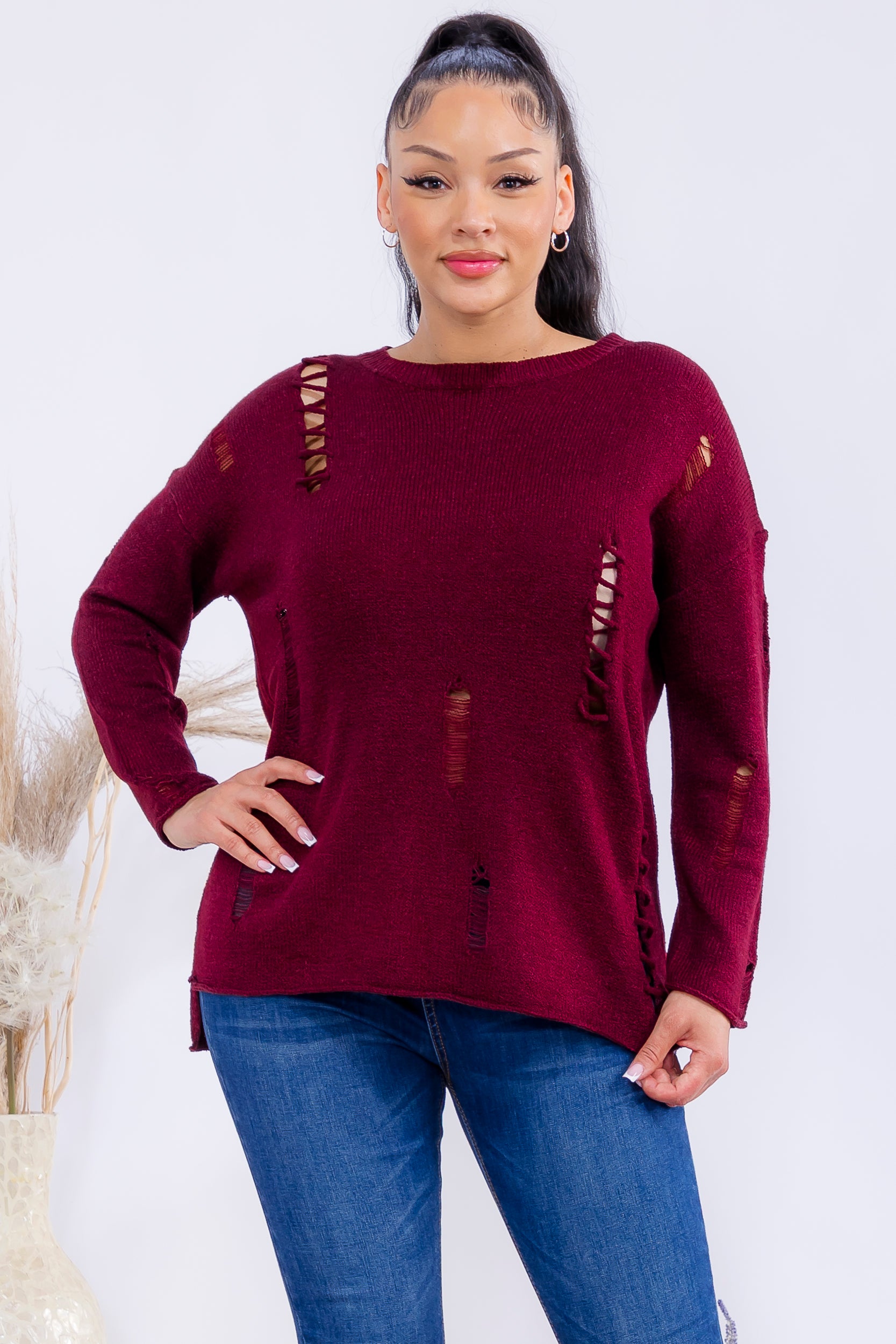 FM301 Distressed Knit Pullover Sweater
