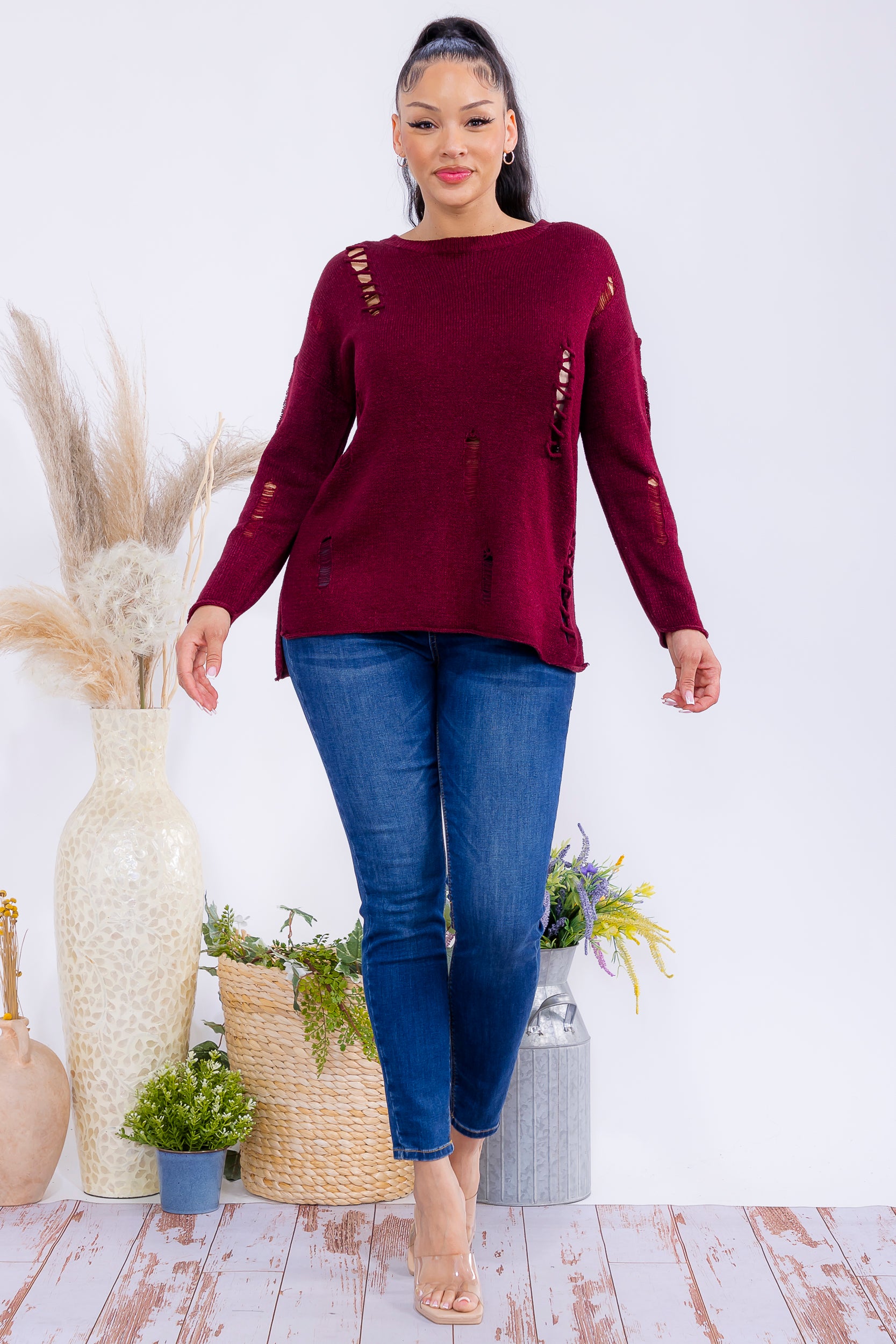 FM301 Distressed Knit Pullover Sweater