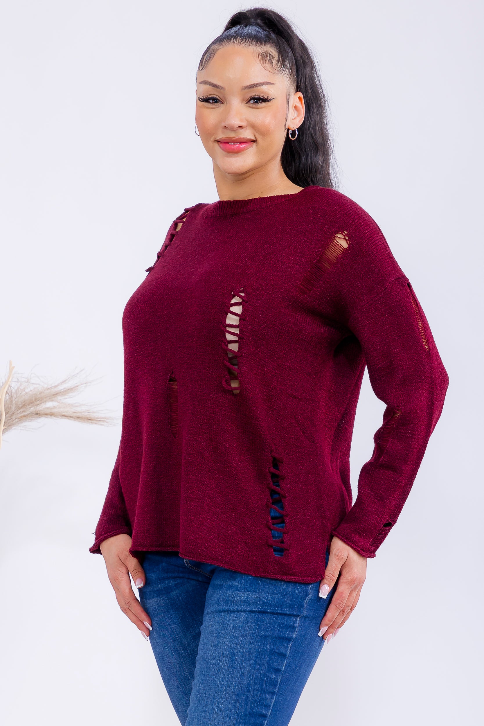 FM301 Distressed Knit Pullover Sweater