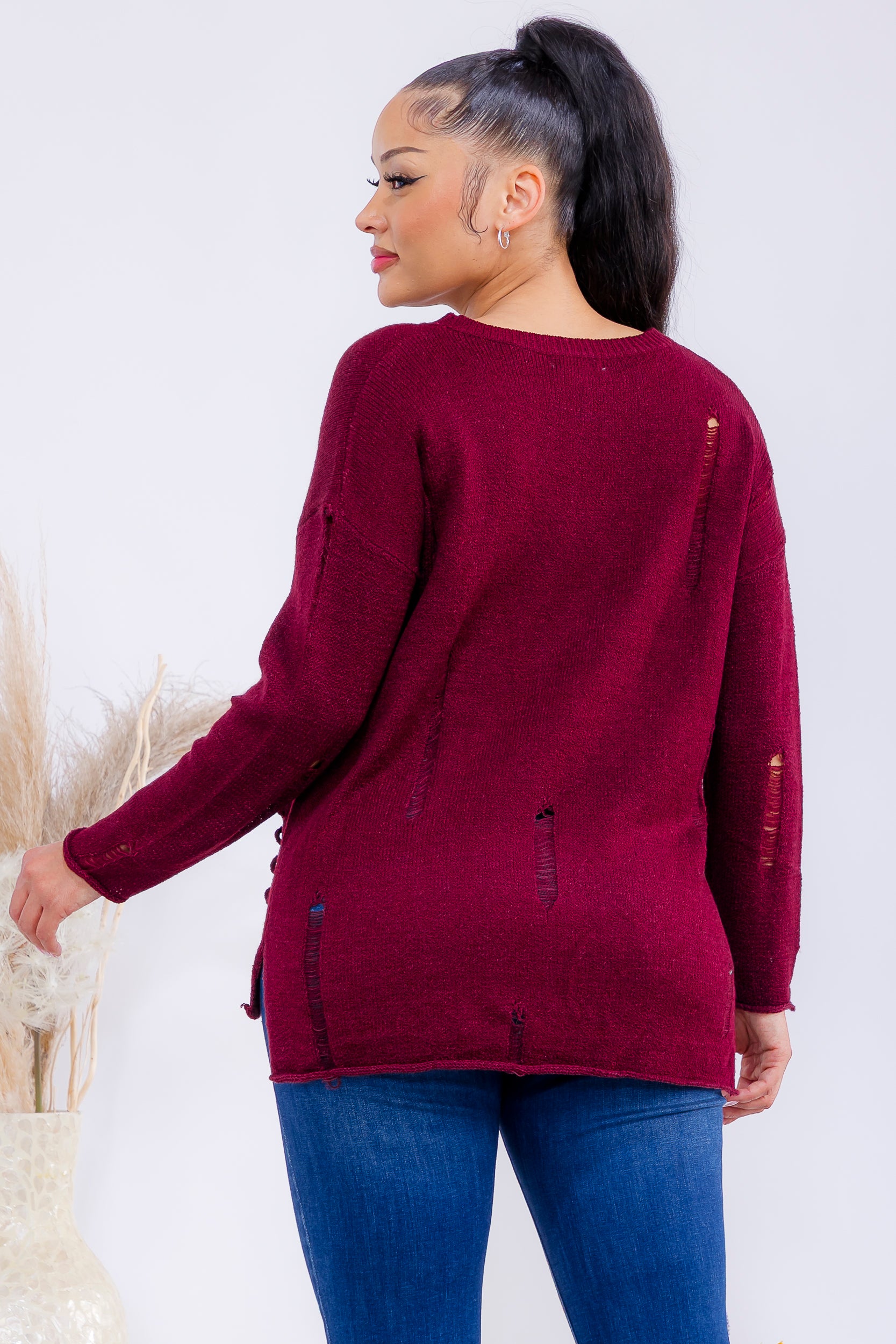 FM301 Distressed Knit Pullover Sweater