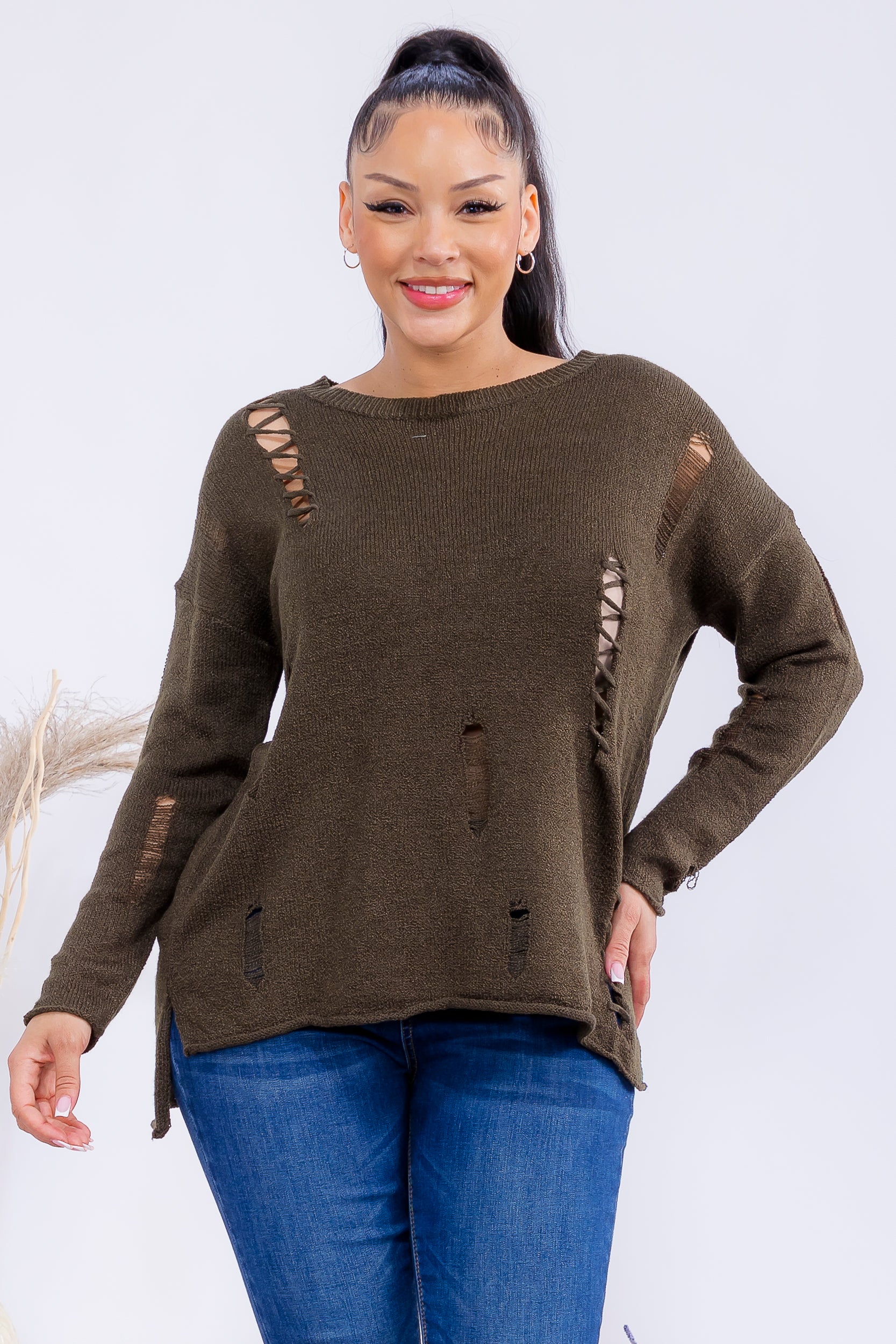 FM301 Distressed Knit Pullover Sweater