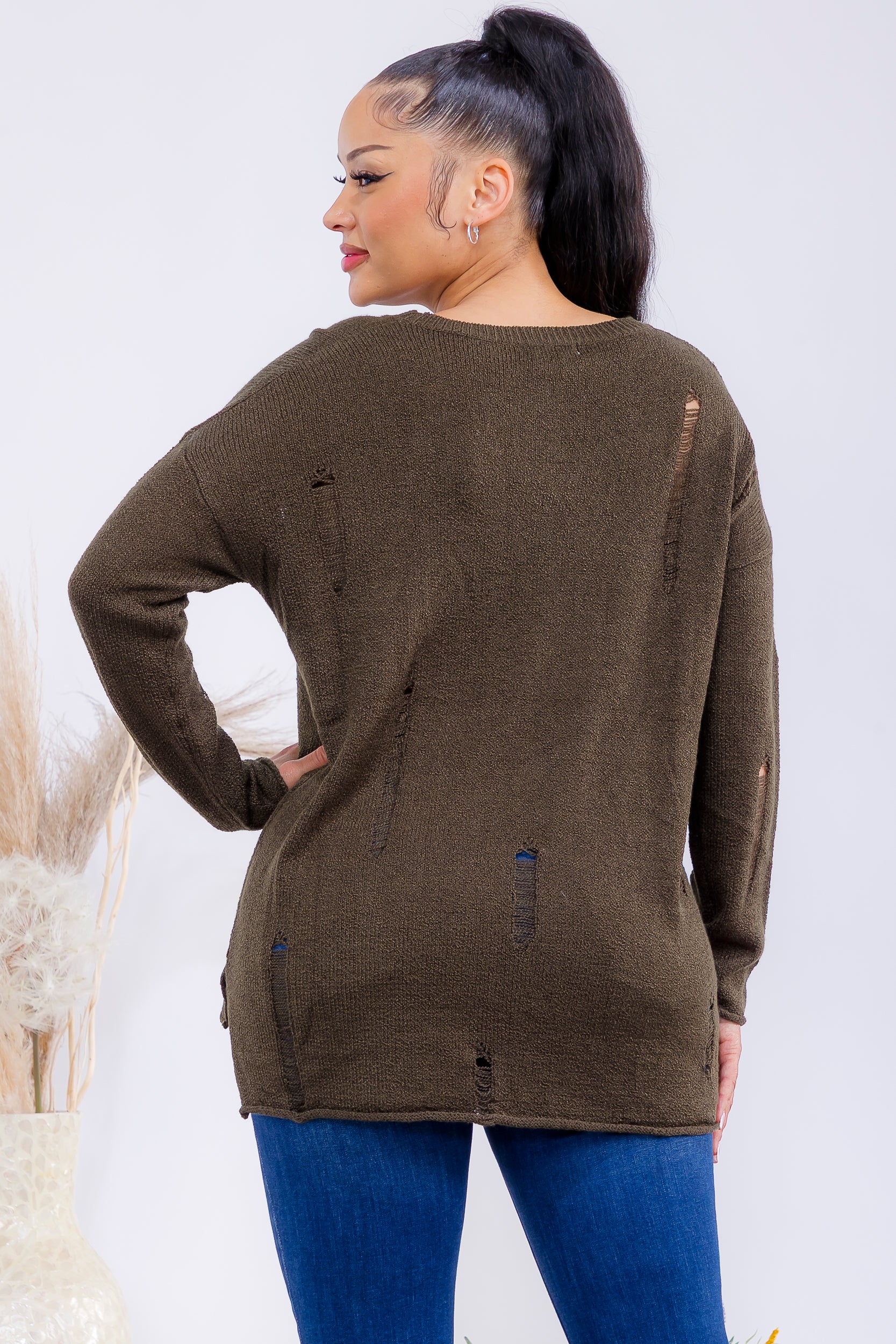 FM301 Distressed Knit Pullover Sweater