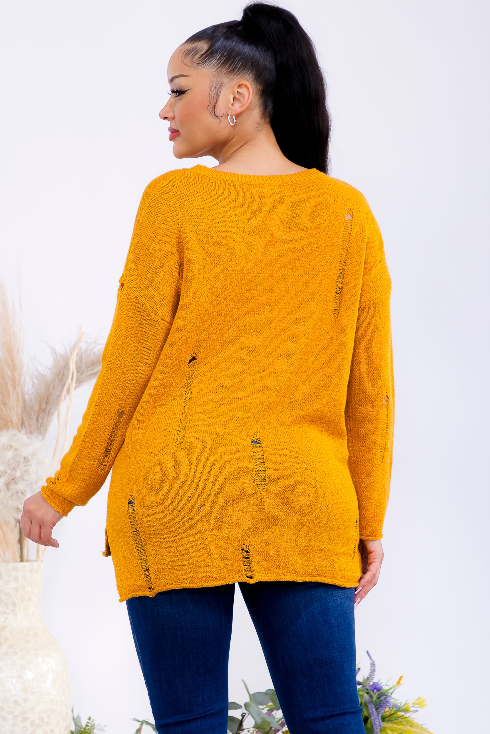 FM301 Distressed Knit Pullover Sweater