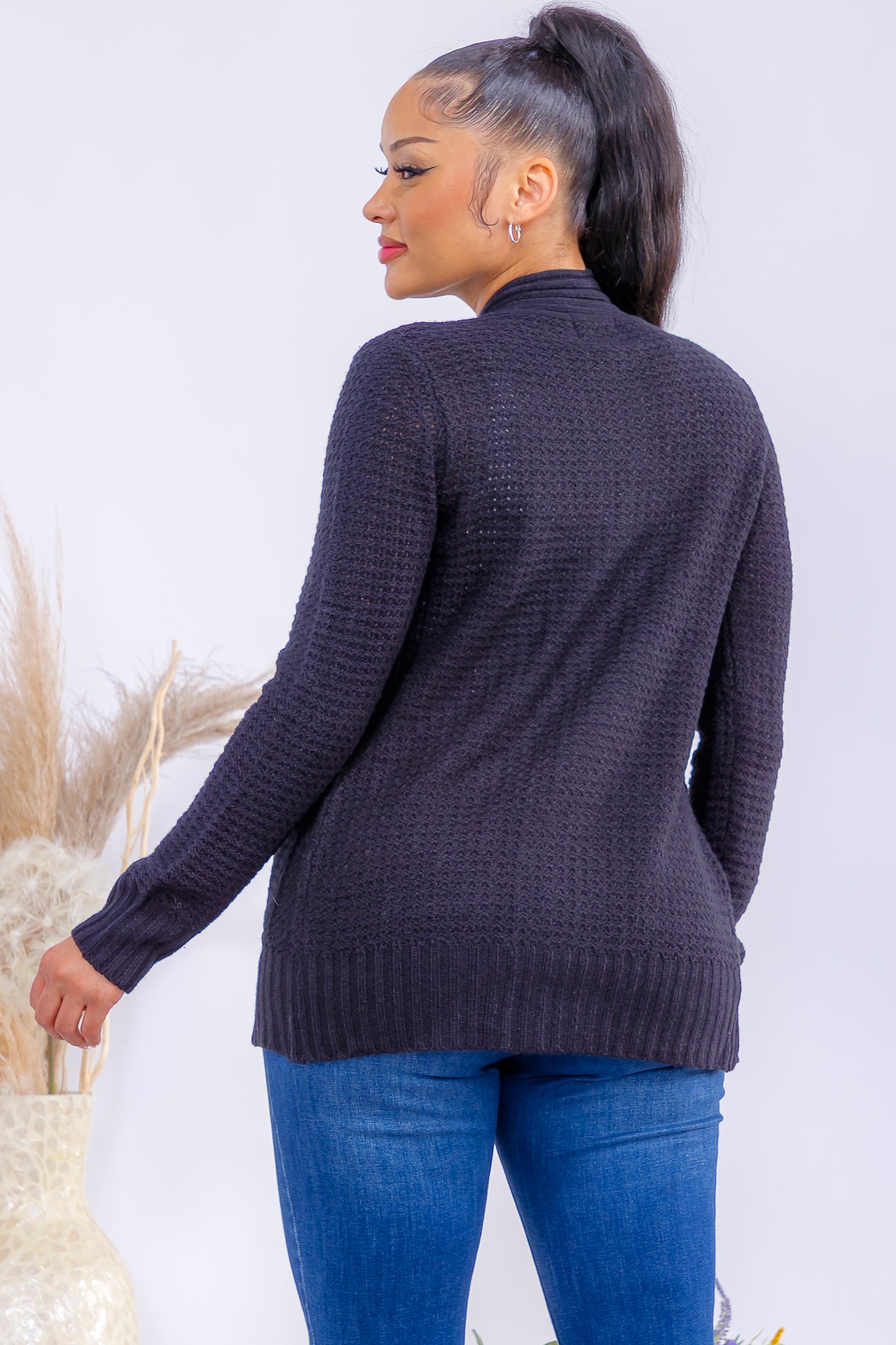 TRT11 Textured Open Front Knit Cardigan