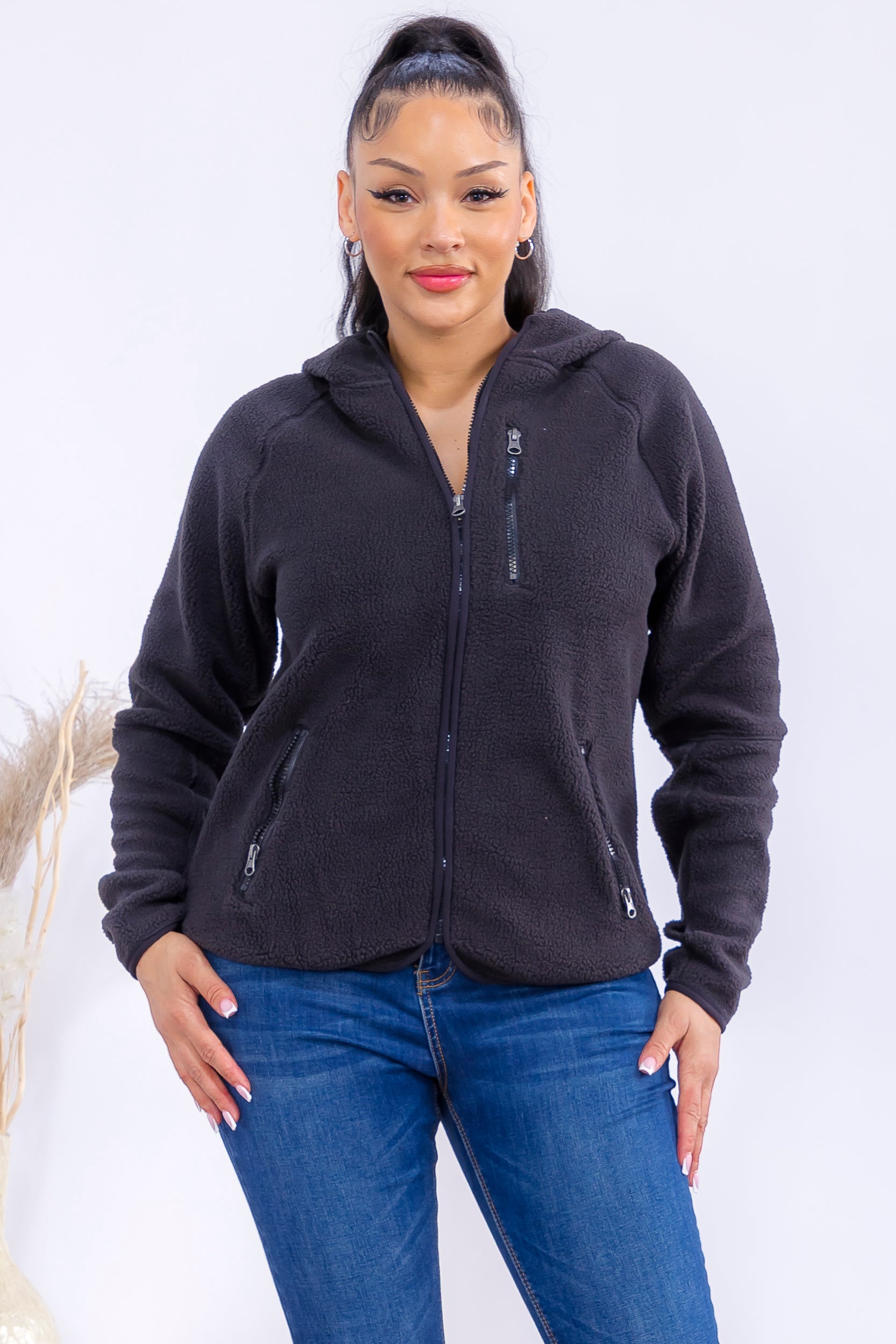 852-0012 Zip-Up Fleece Hoodie Jacket with Pockets
