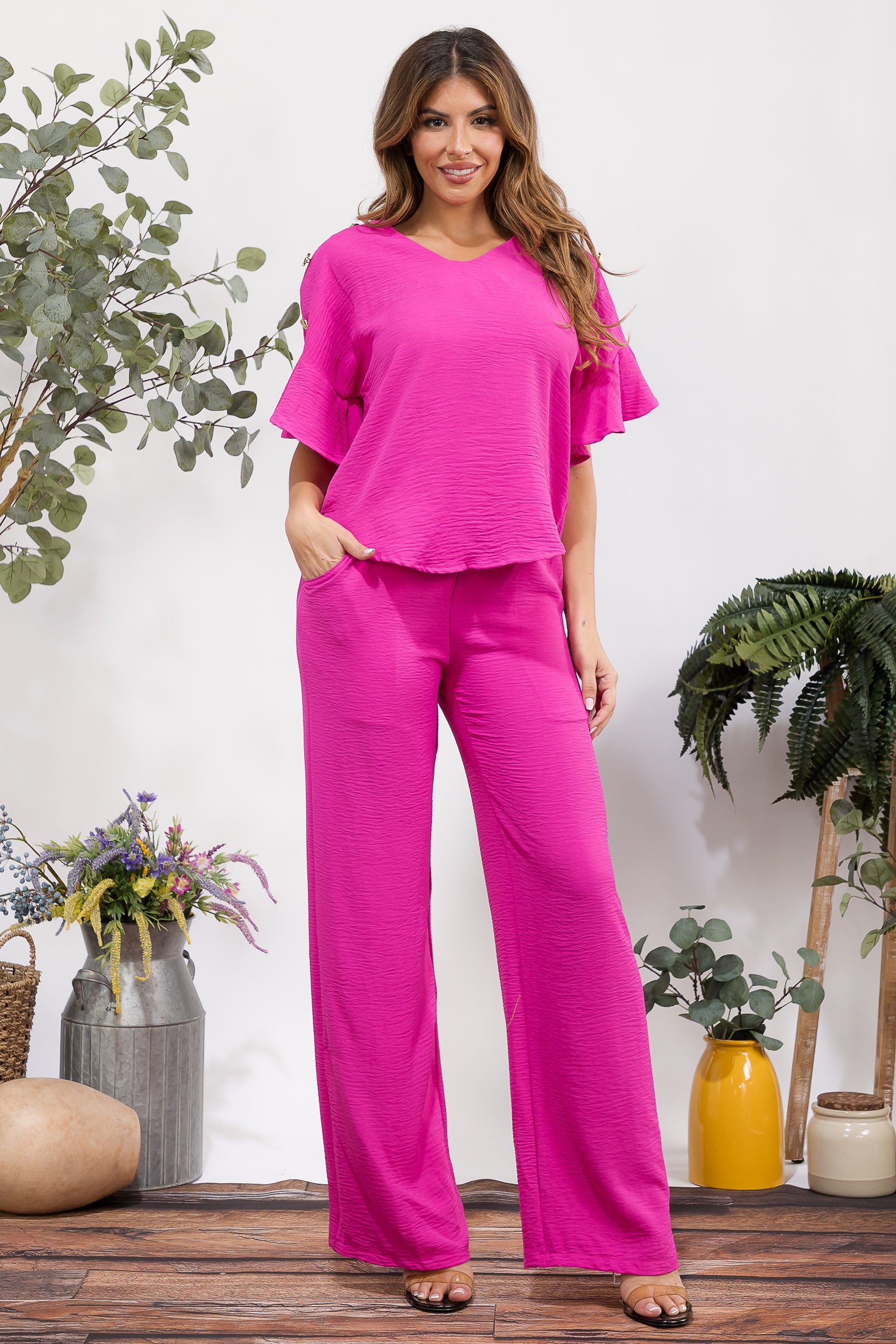 HH782R-S Flowy Two-Piece Wide Leg Set