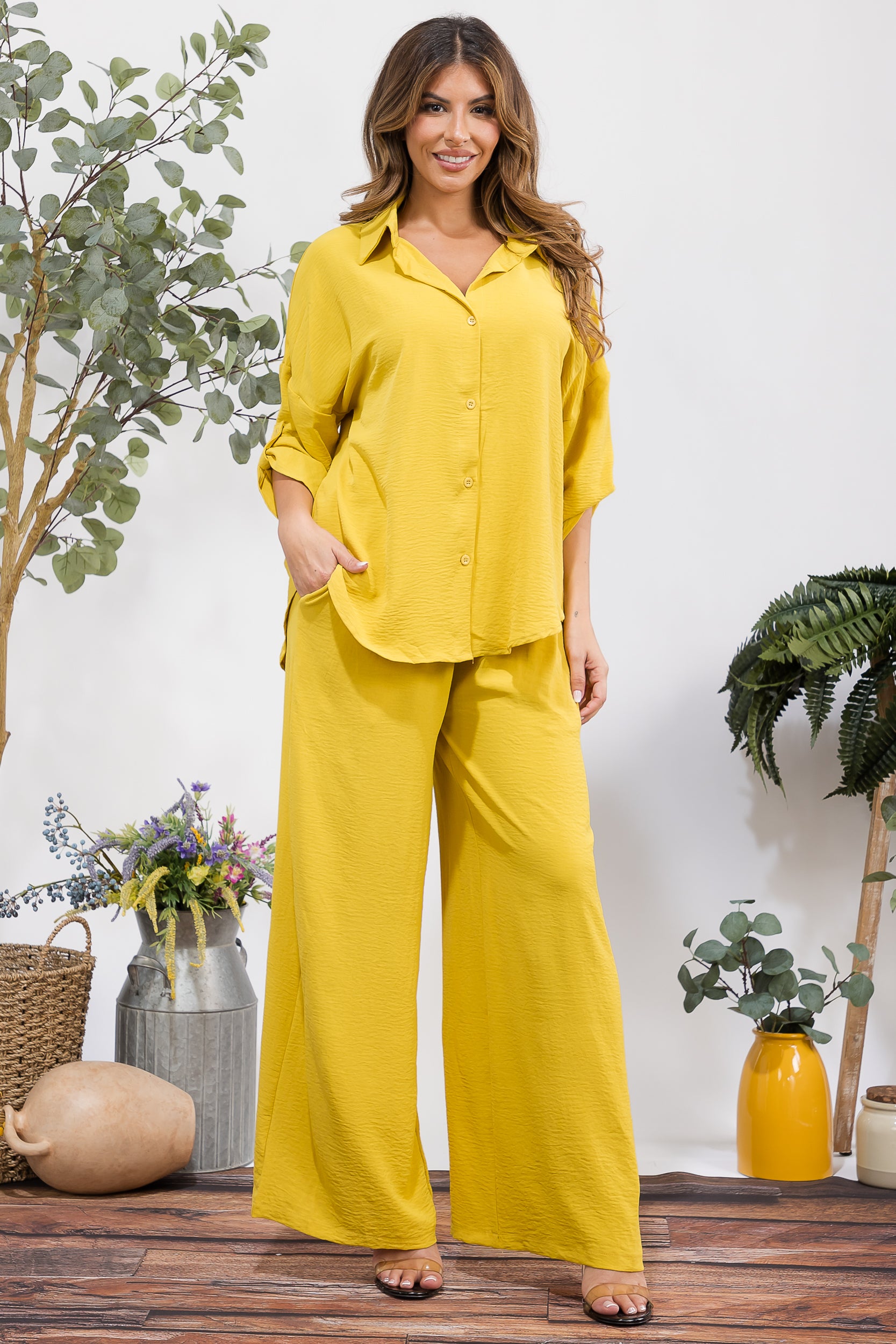 25106-X Plus Size Button-Up Shirt & Wide Leg Pants Set