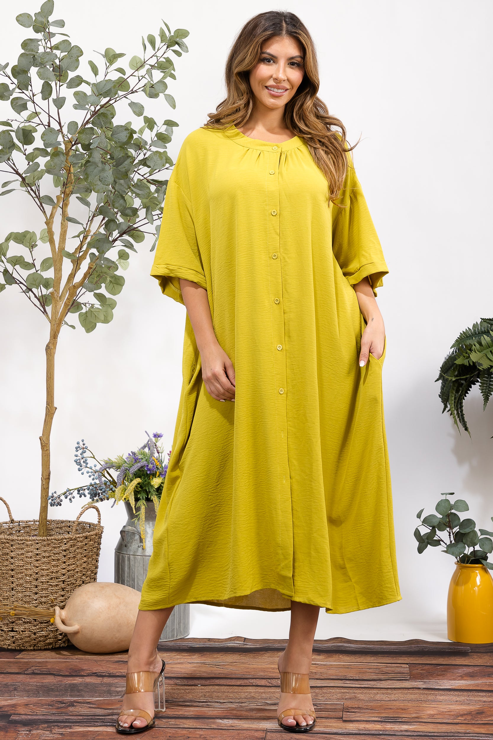 25102 Oversized Button-Down Midi Dress with Pockets