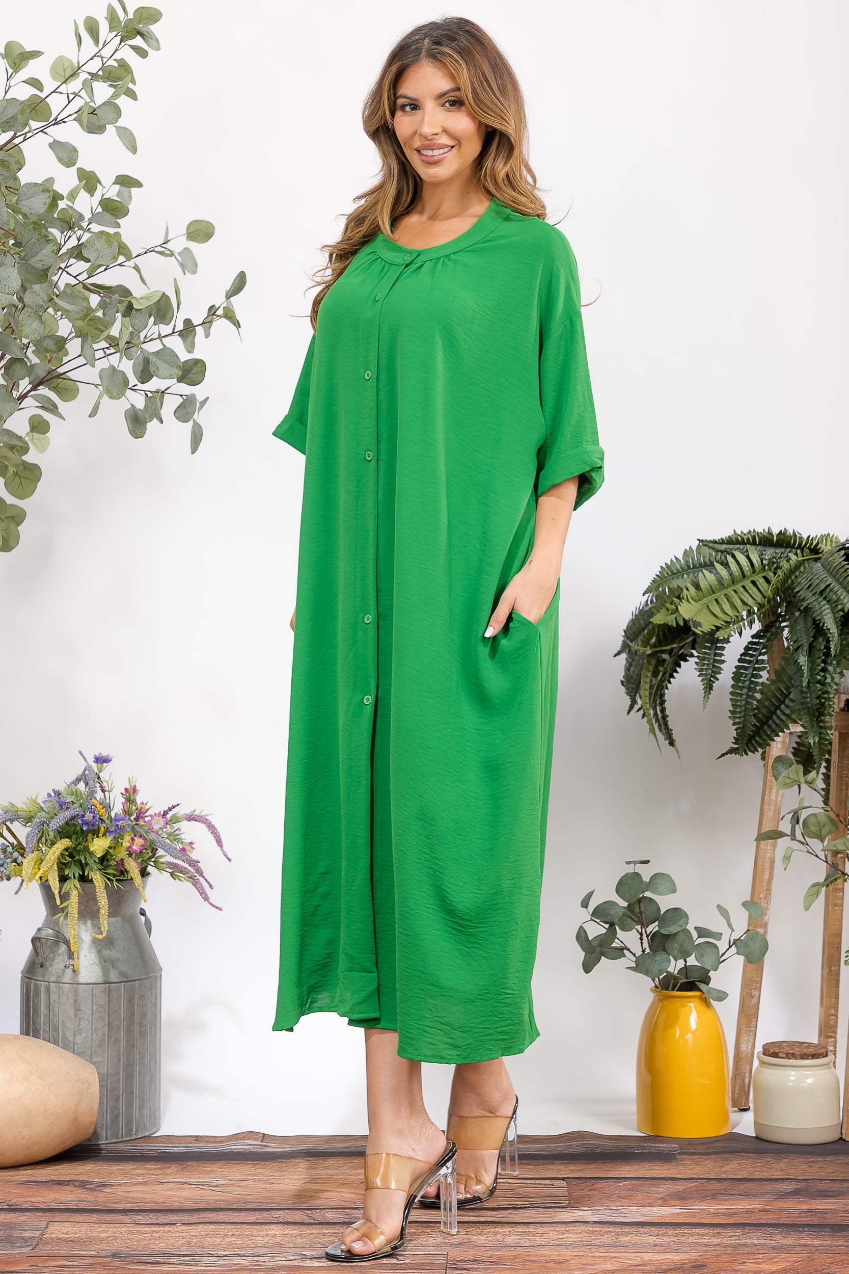 25102 Oversized Button-Down Midi Dress with Pockets