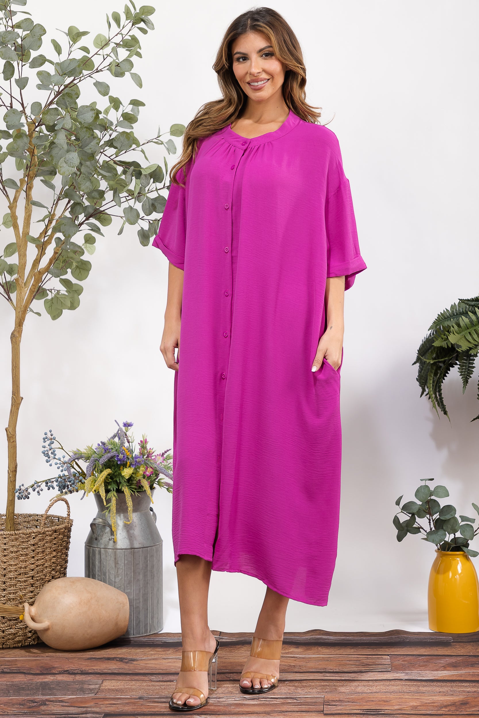 25102 Oversized Button-Down Midi Dress with Pockets
