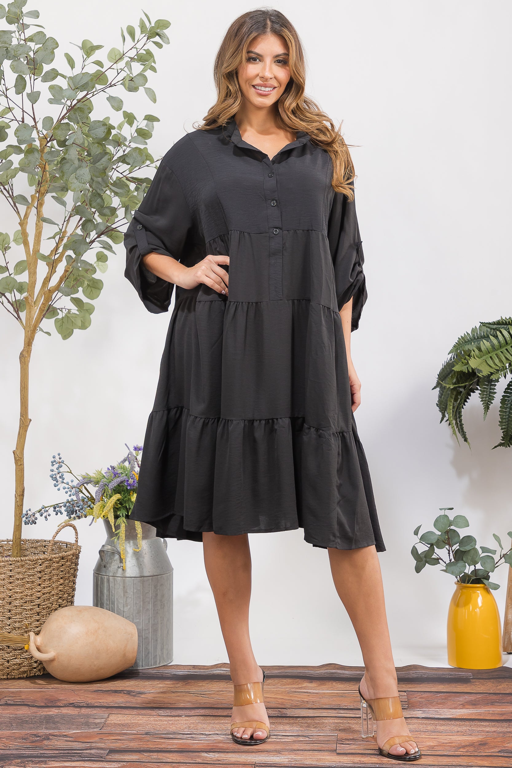 25101 Tiered Oversize Shirt Midi Dress