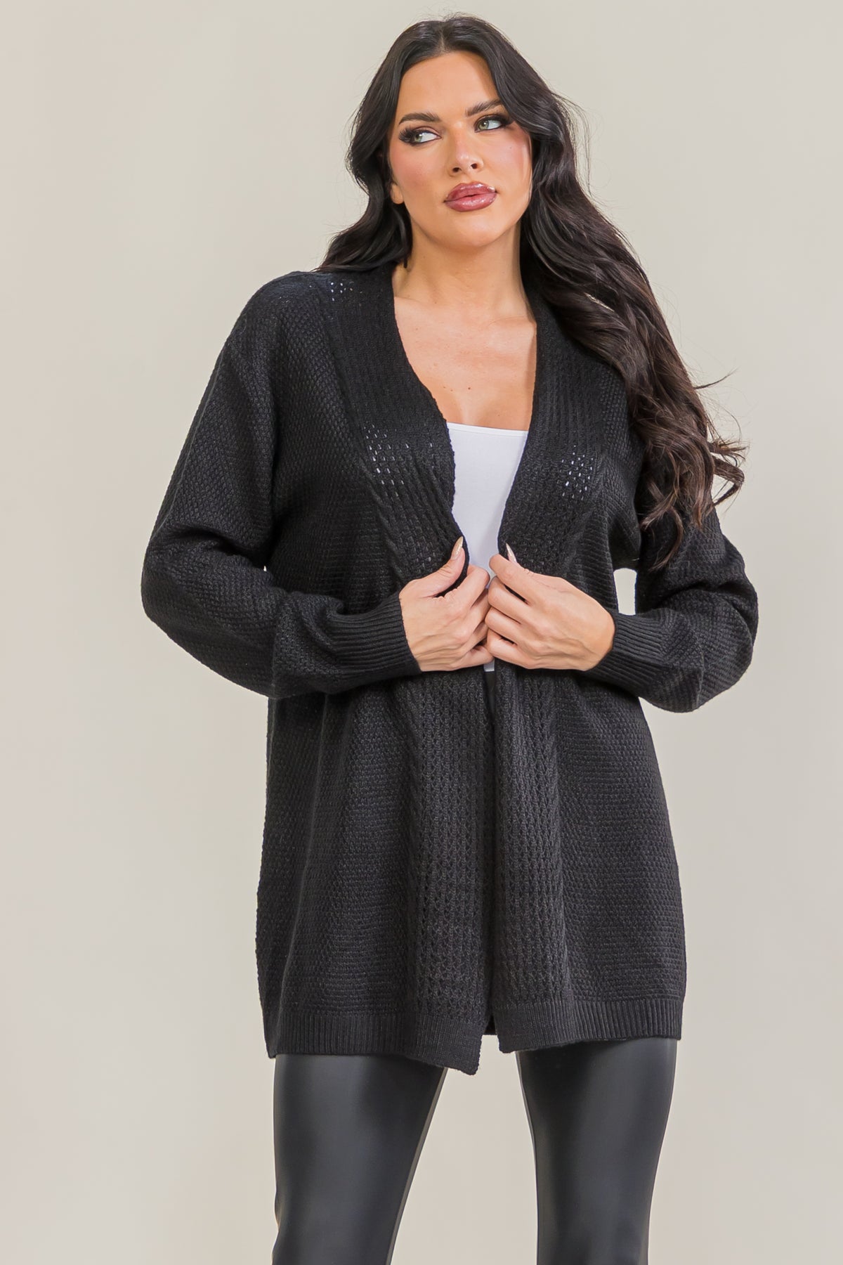 FM-109 -  Textured Open Front Long Knit Cardigan