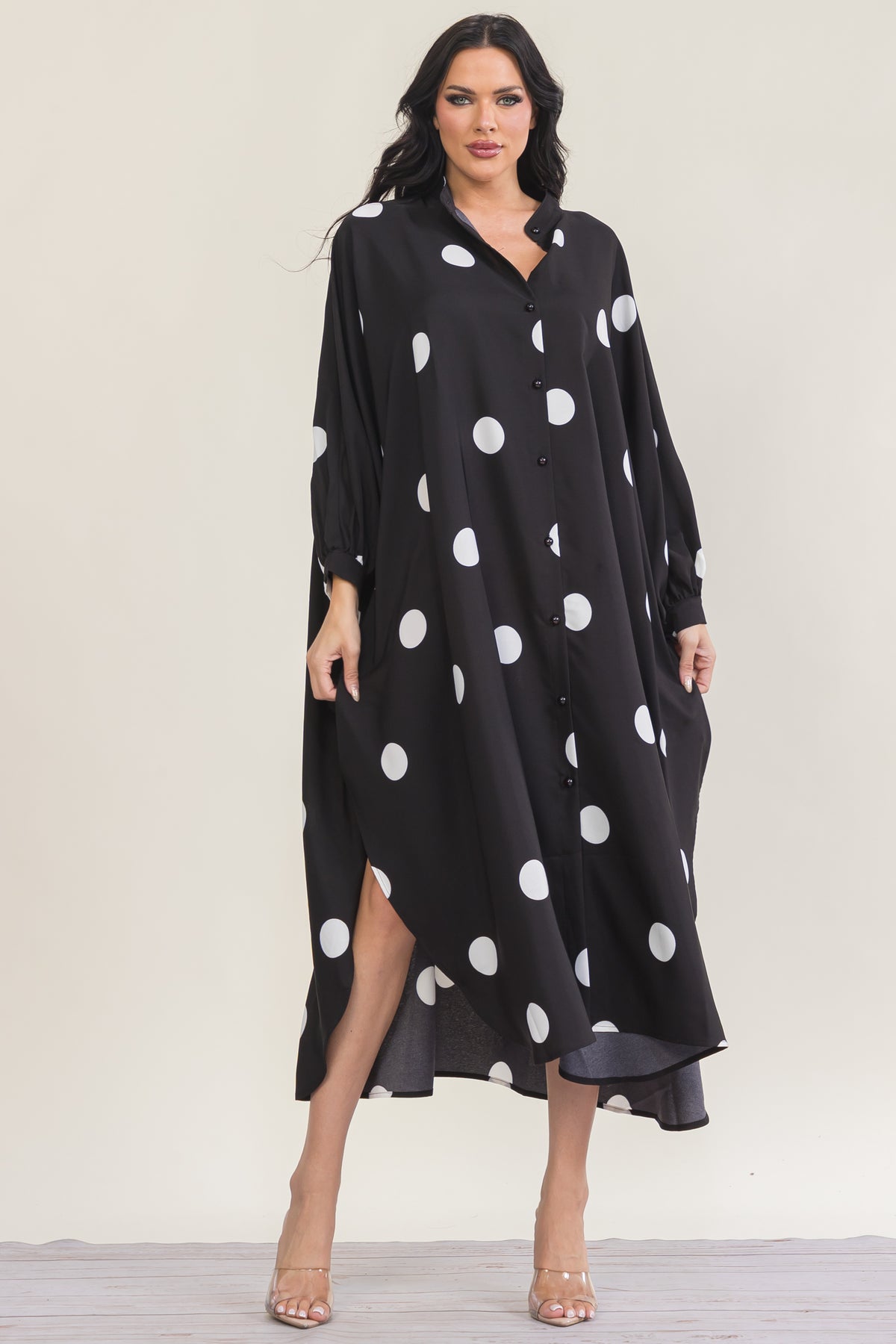 RHD130R-X - Plus Size Polka Dot Oversized Button-Down Maxi Dress