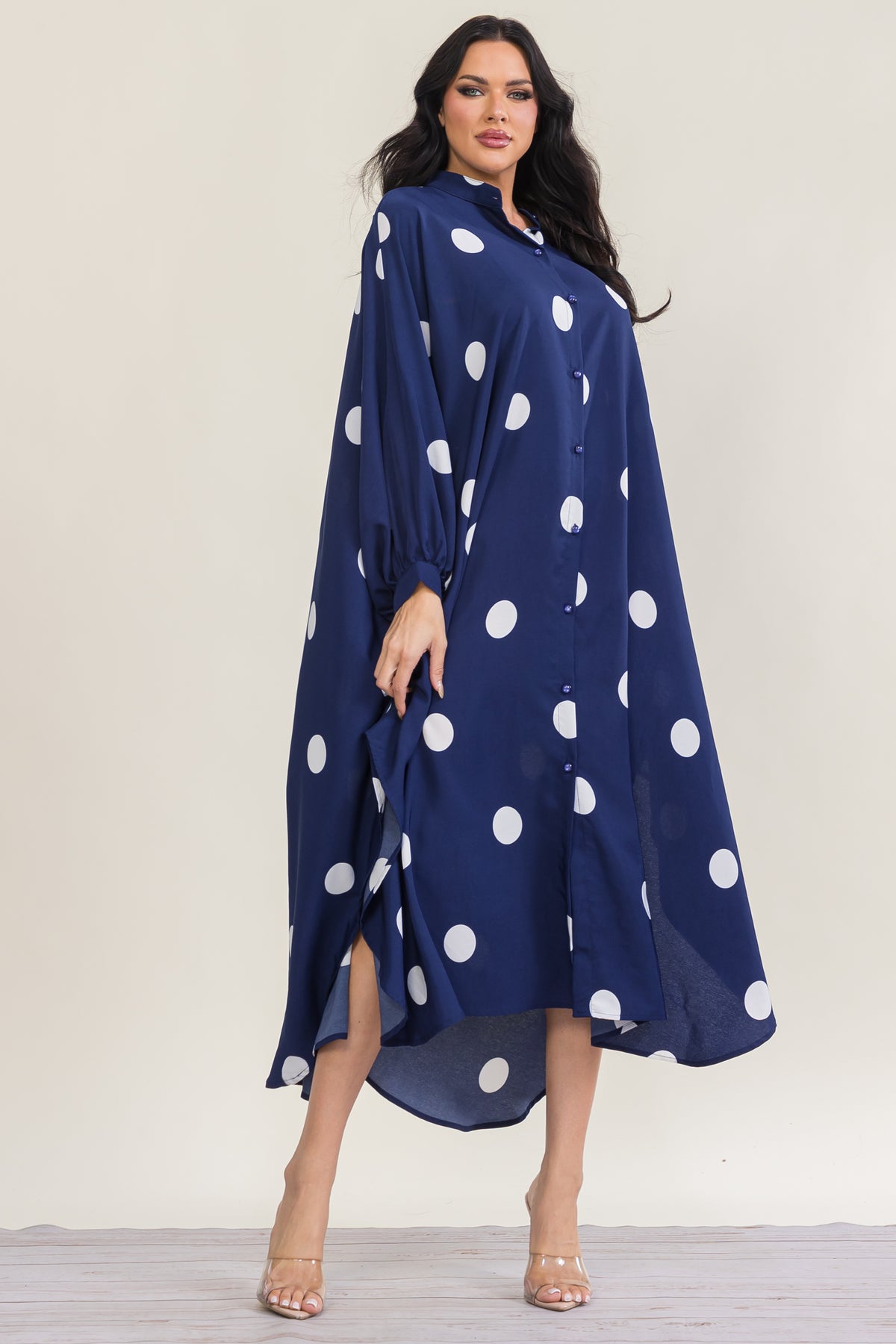 RHD130R-X - Plus Size Polka Dot Oversized Button-Down Maxi Dress