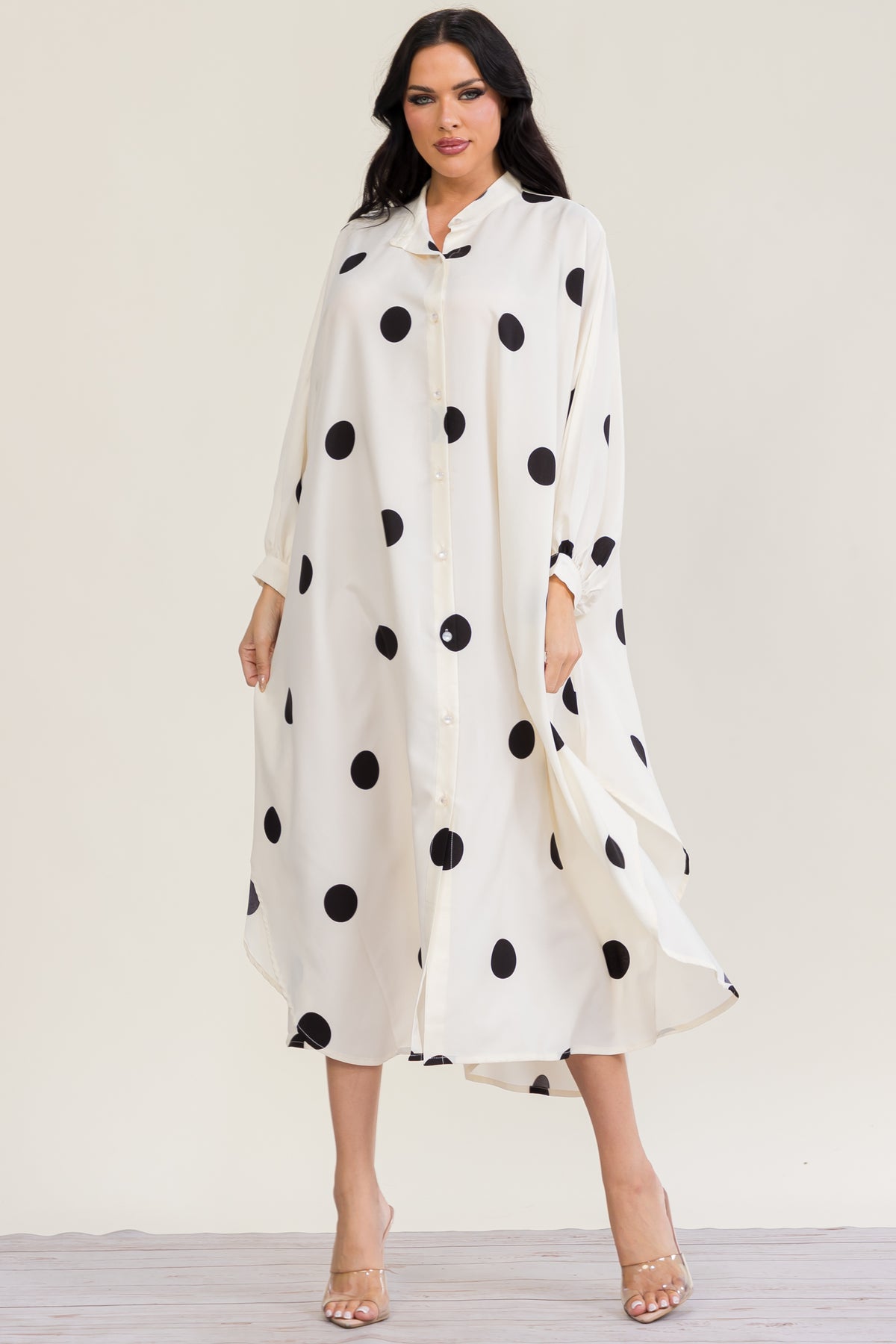 RHD130R-P - Polka Dot Oversized Button-Down Maxi Dress