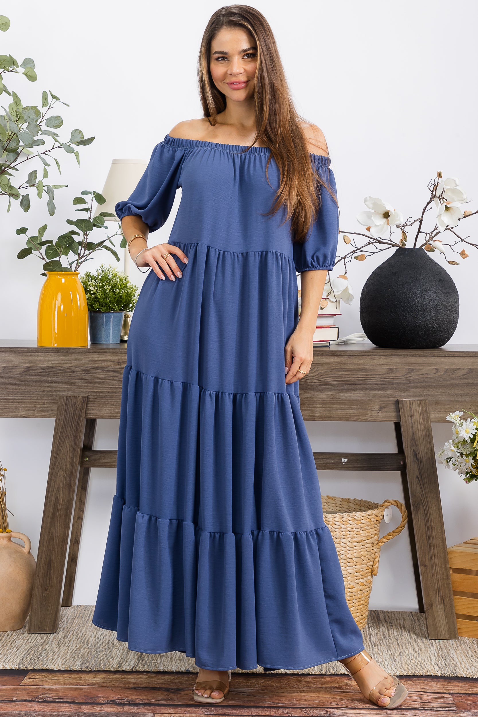 HH722X-S1 PLUS SIZE OFF SHOULDER TIERED MAXI DRESS