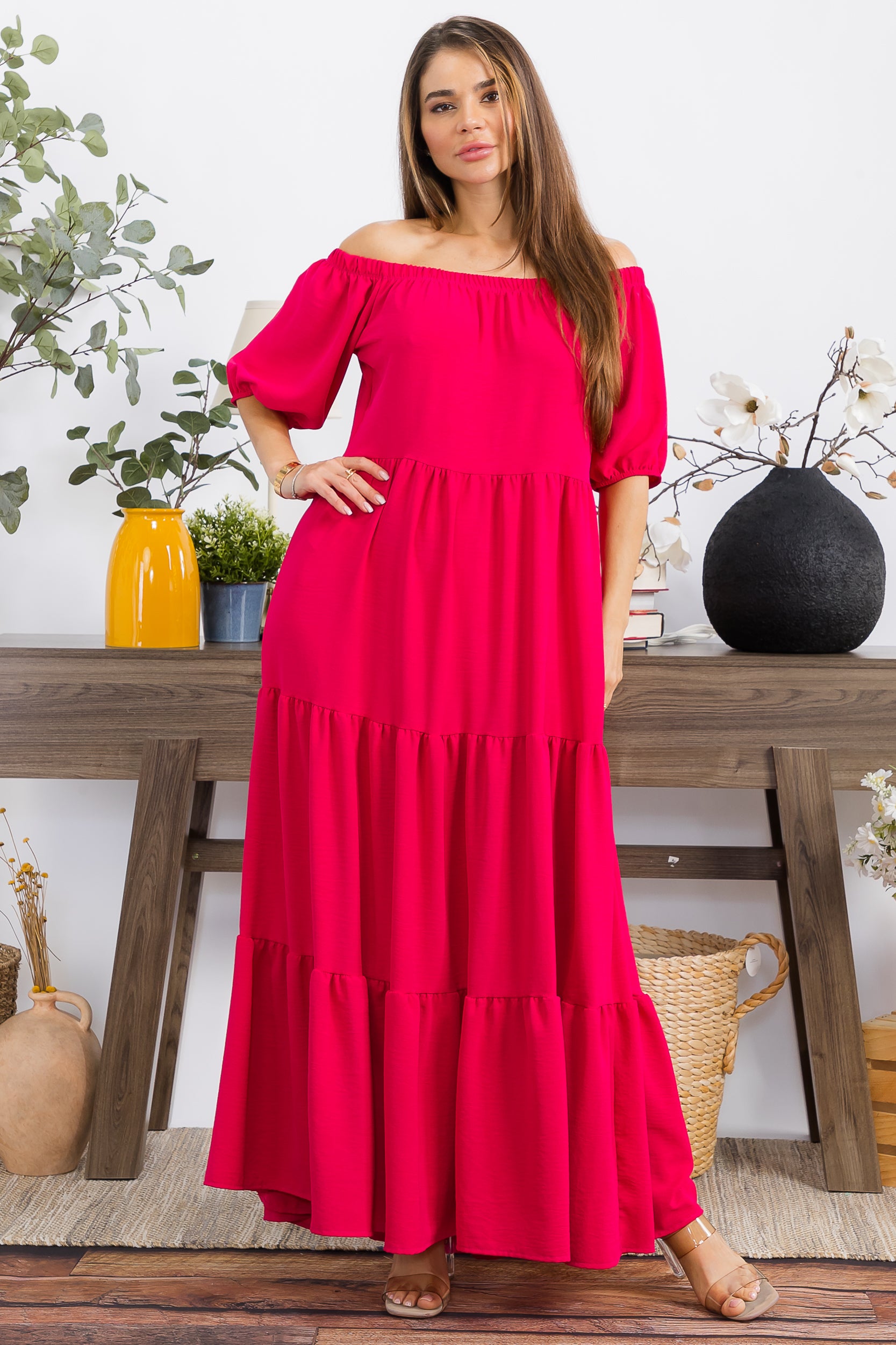 HH722X-S1 PLUS SIZE OFF SHOULDER TIERED MAXI DRESS