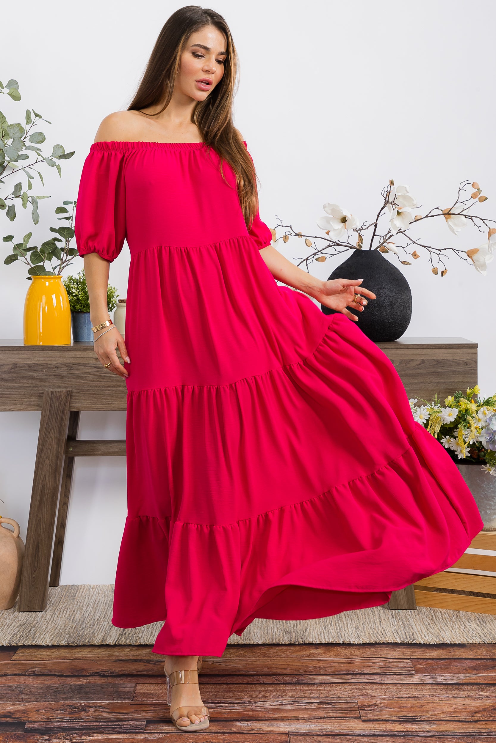 HH722R-S1 OFF SHOULDER TIERED MAXI DRESS