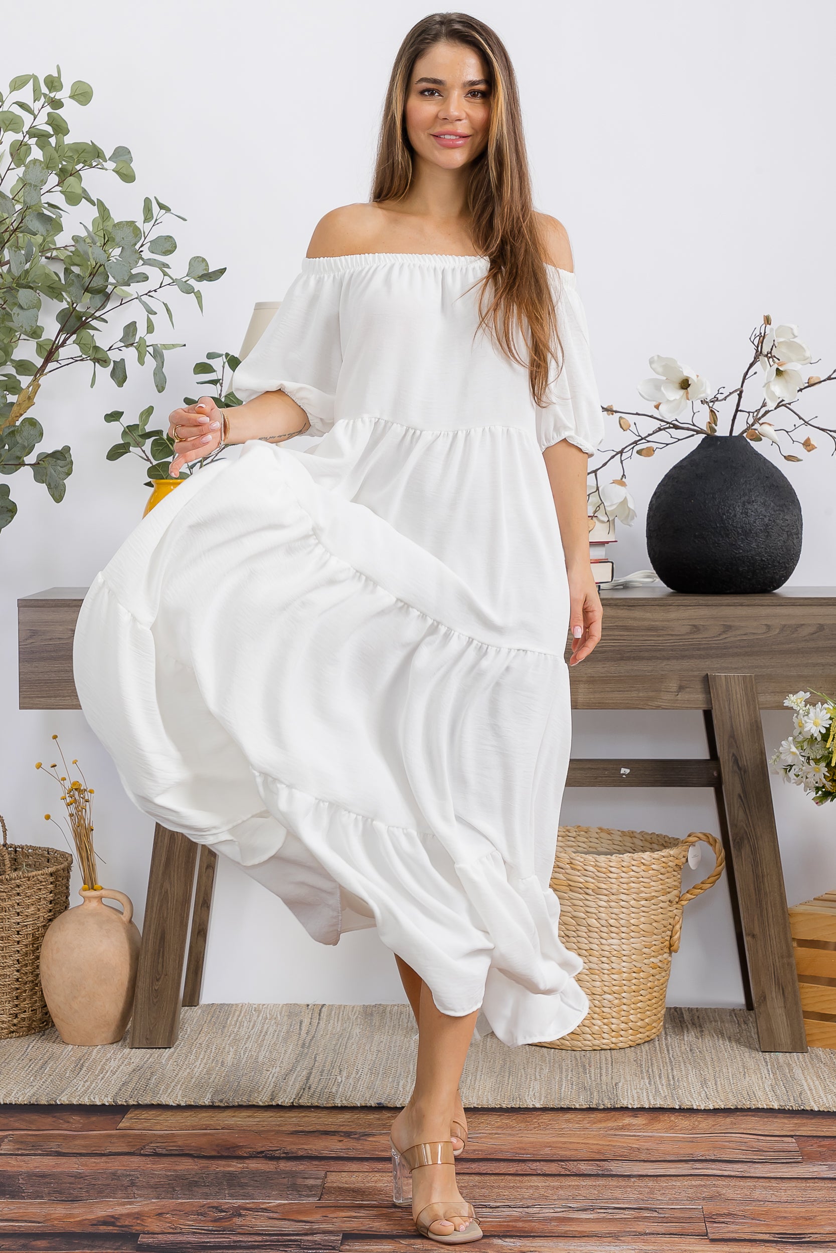 HH722X-S1 PLUS SIZE OFF SHOULDER TIERED MAXI DRESS