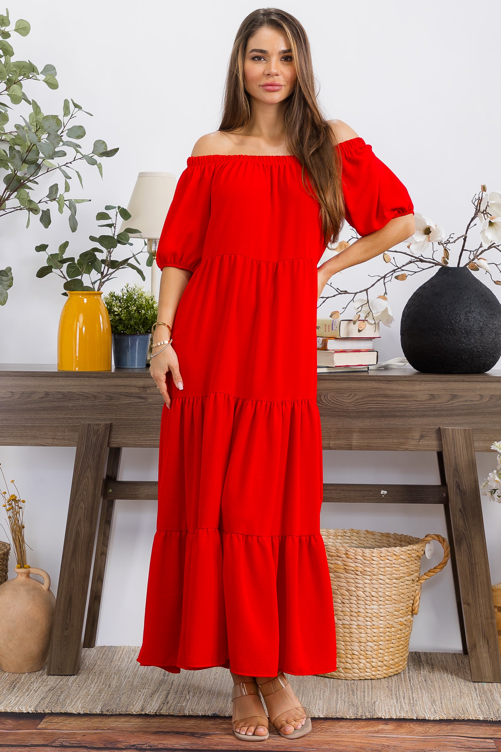 HH722X-S1 PLUS SIZE OFF SHOULDER TIERED MAXI DRESS
