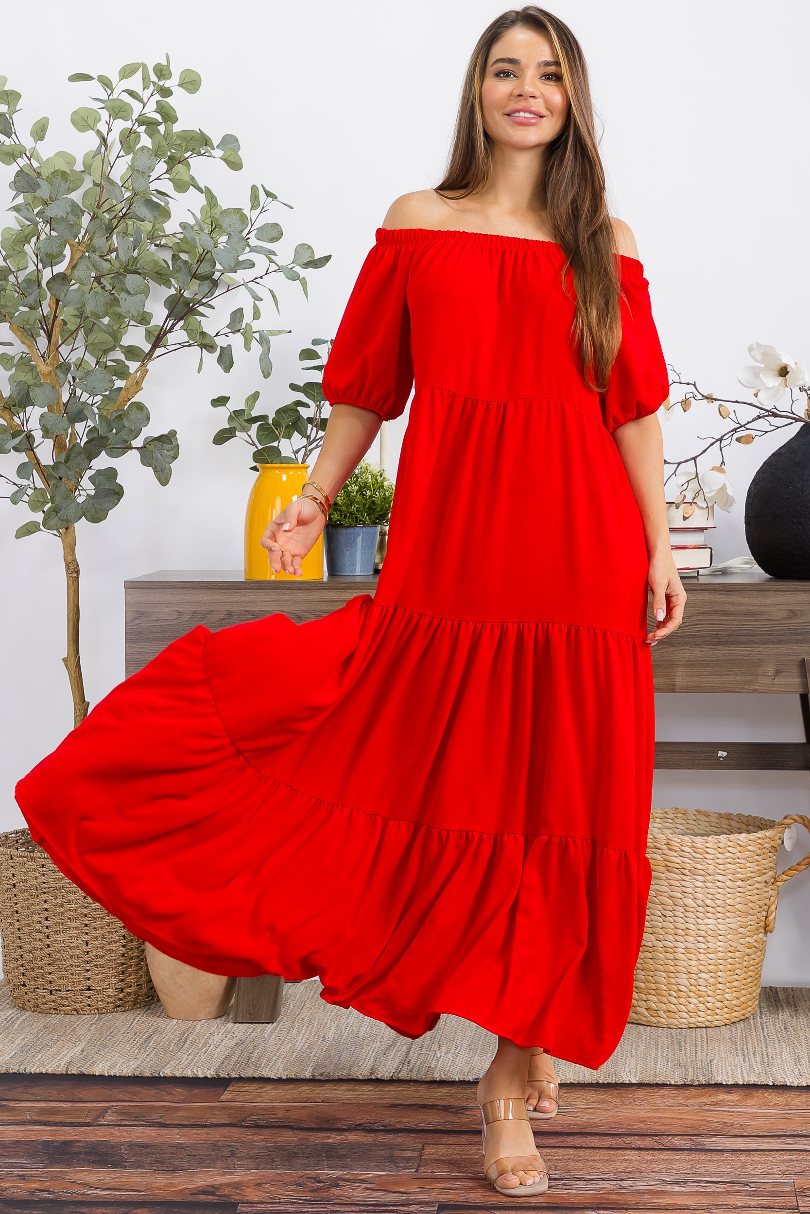 HH722X-S1 PLUS SIZE OFF SHOULDER TIERED MAXI DRESS