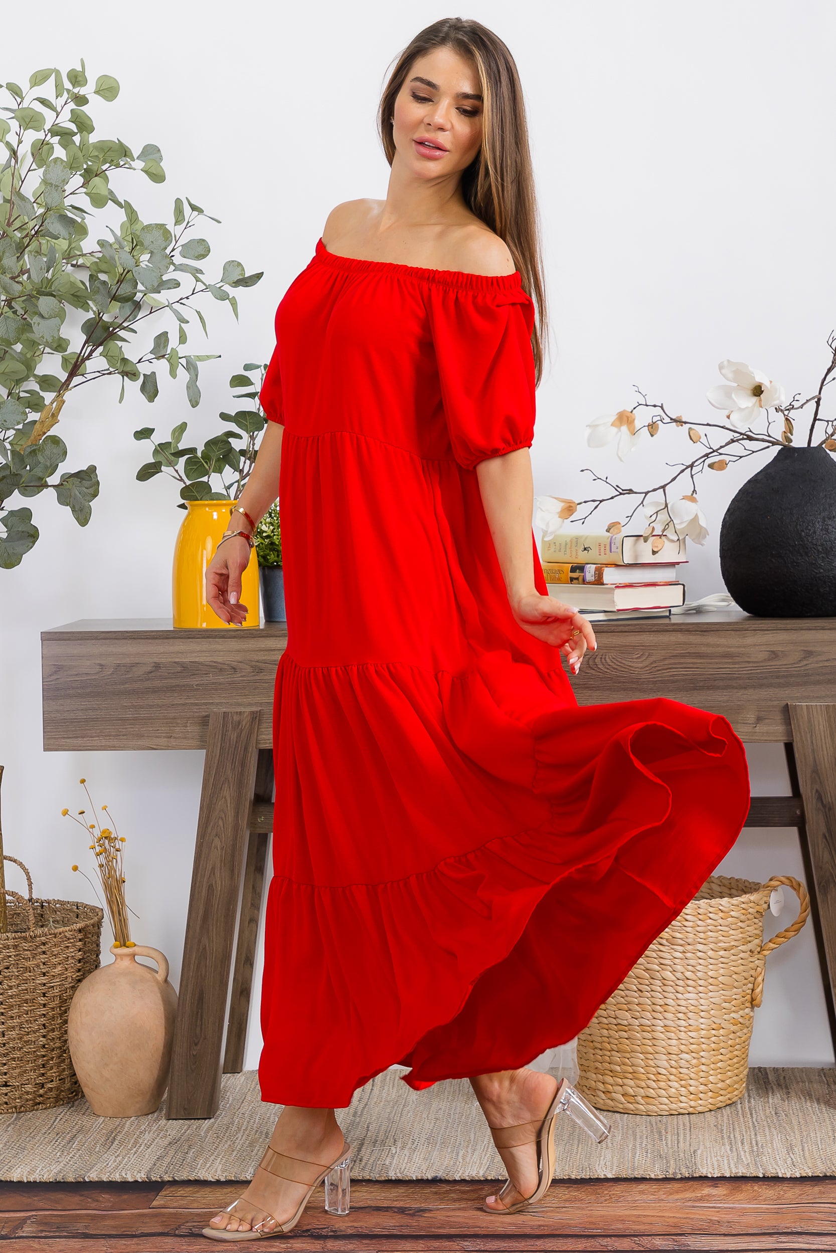 HH722R-S1 OFF SHOULDER TIERED MAXI DRESS