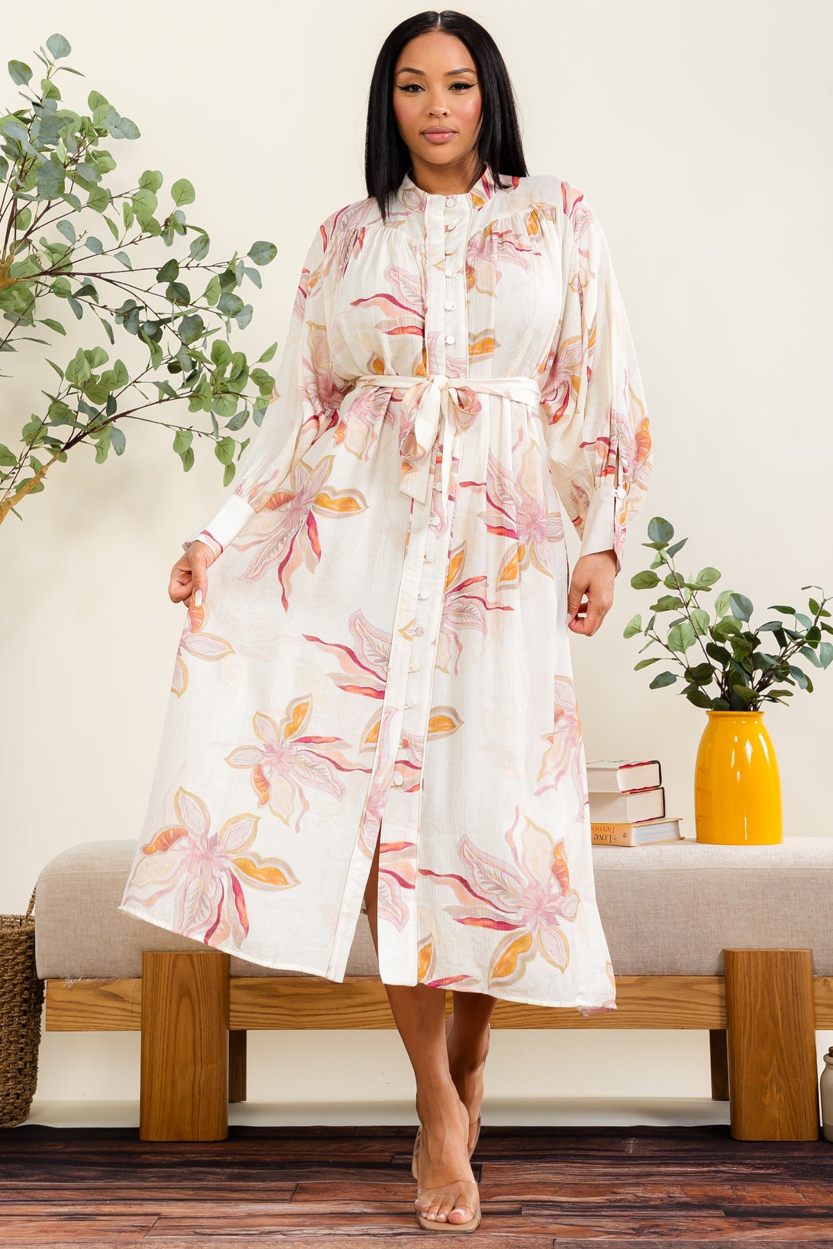 MD316-X - Plus Size Floral Belted Button-Front Midi Dress