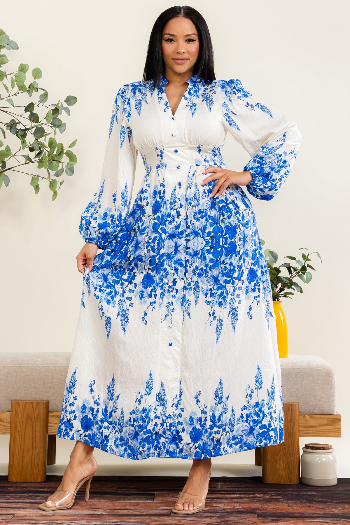 MD318-X - Plus Size Floral Button-Front Maxi Dress