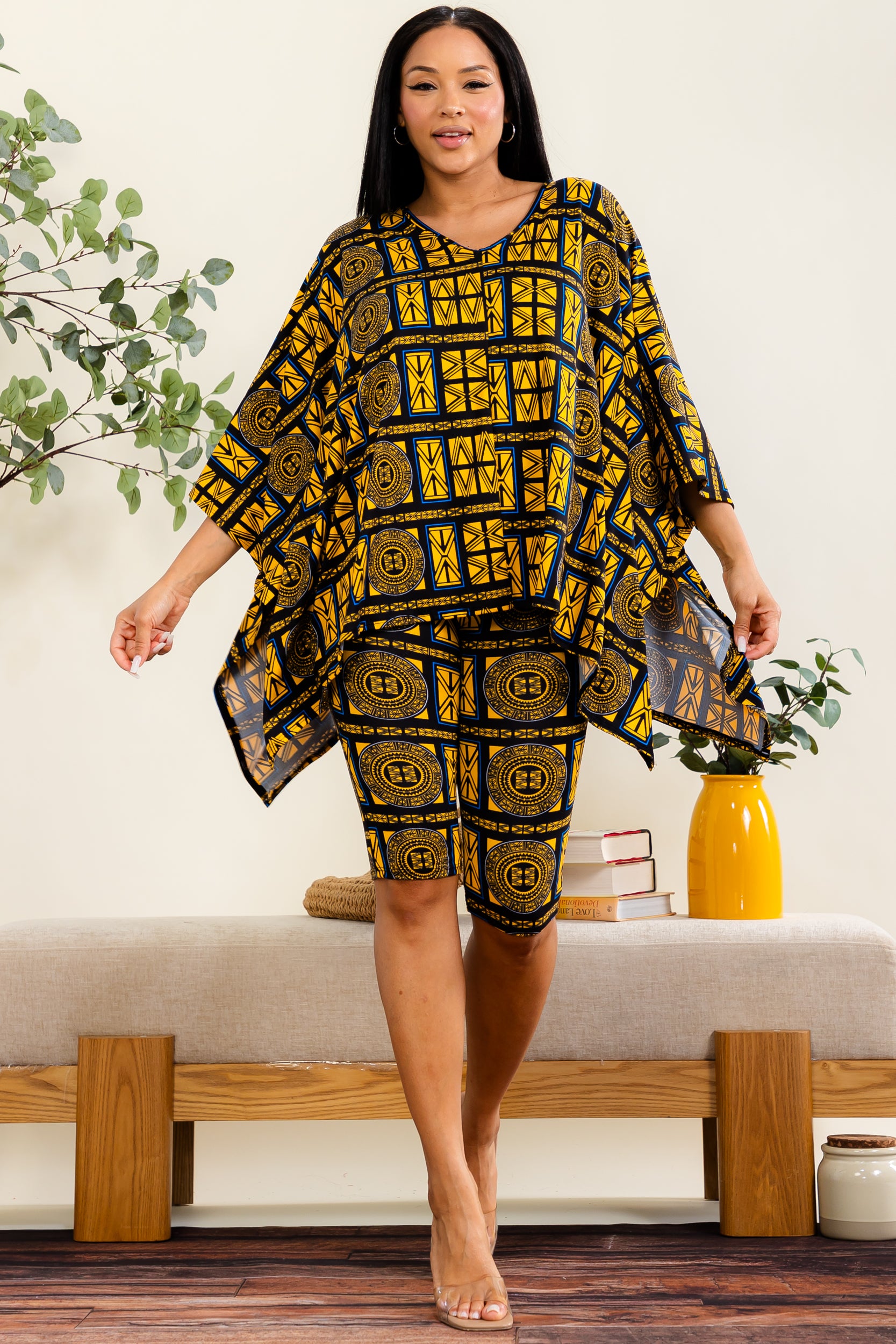 HH796R-P2 - Tribal Print Poncho Short Set