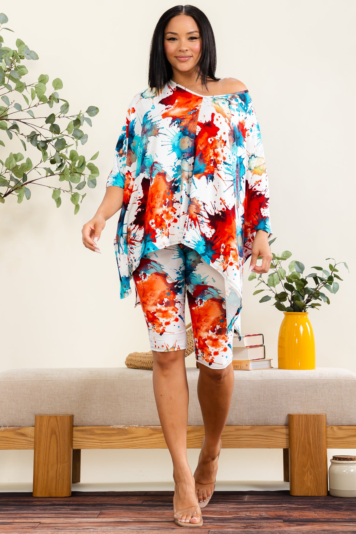 HH796R-P3 - Splash Print Poncho Short Set