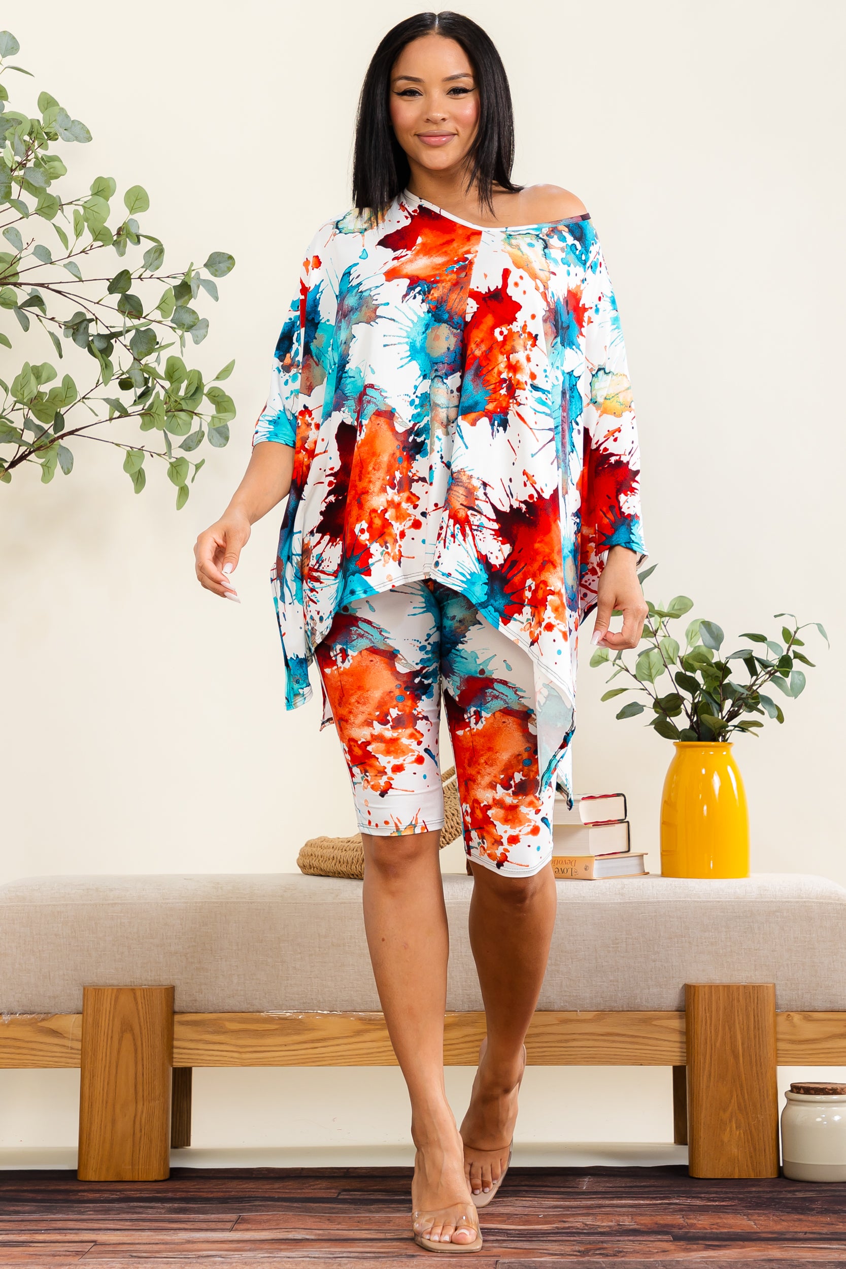 HH796X-P3 - Plus Size Splash Print Poncho Short Set