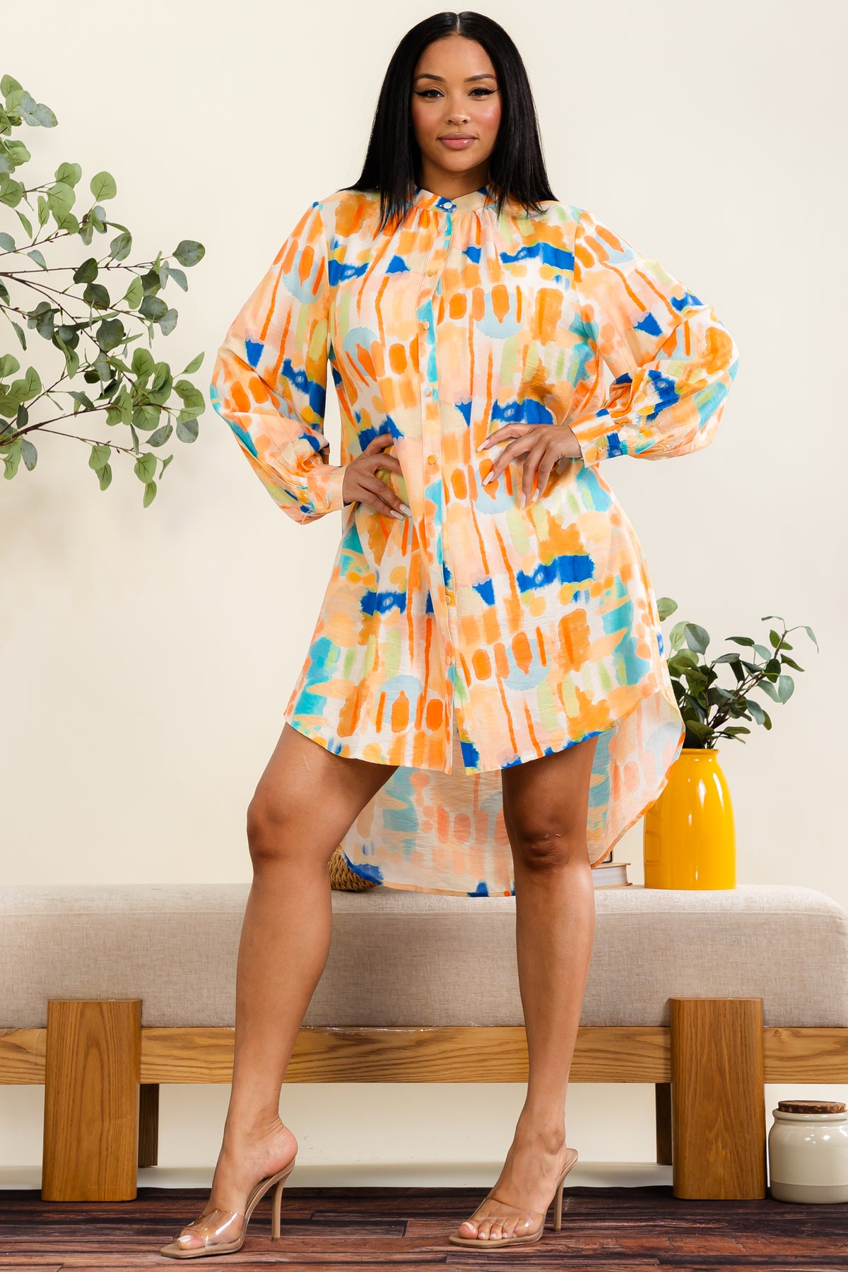 MD320-R - Abstract Print High-Low Shirt Dress