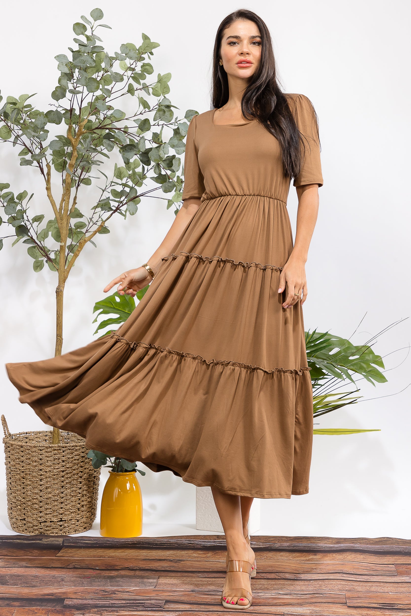 JR788R-S Tiered Midi Dress with Square Neck